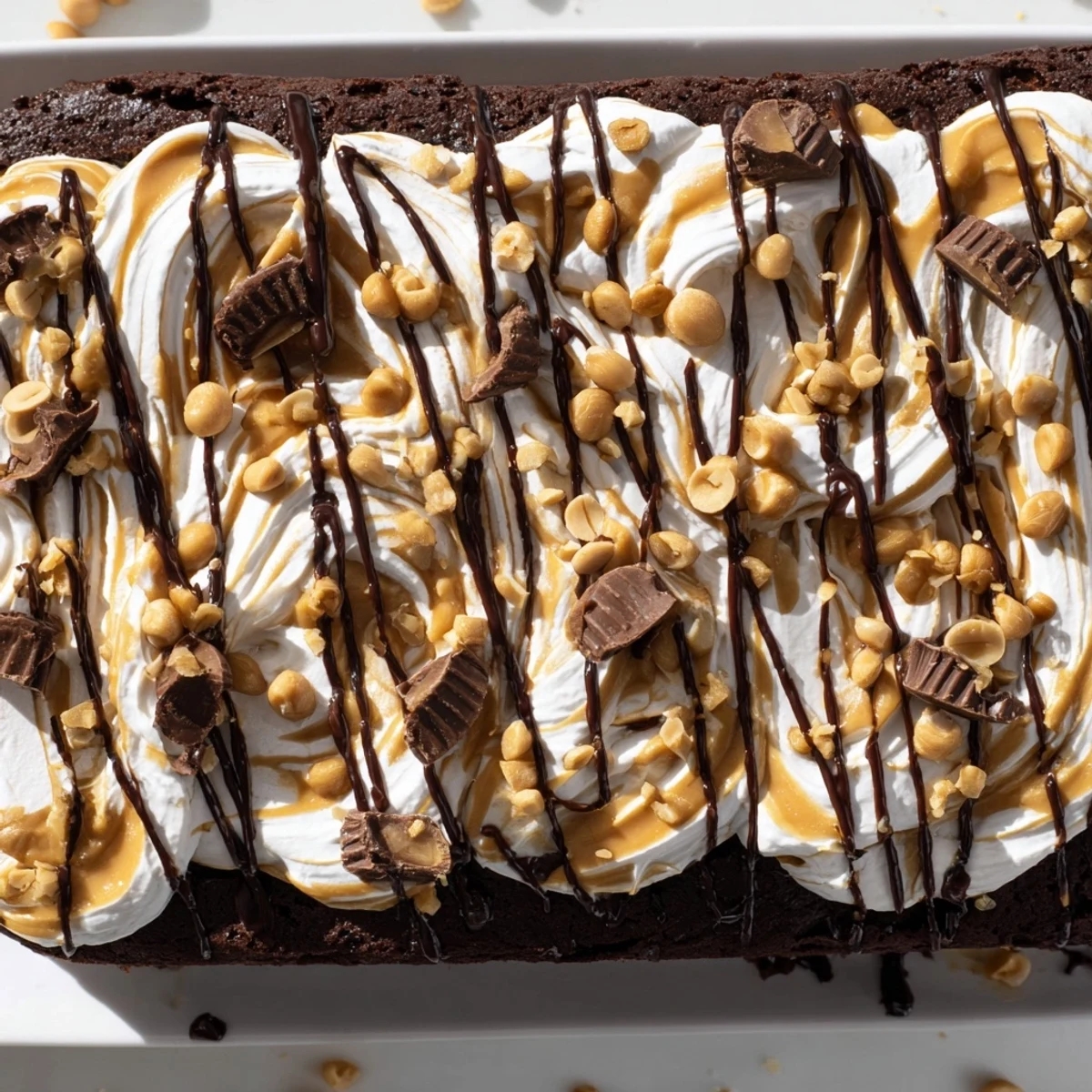 A slice of Chocolate Peanut Butter Poke Cake showcases the moist chocolate layers with creamy peanut butter pudding oozing from the holes.