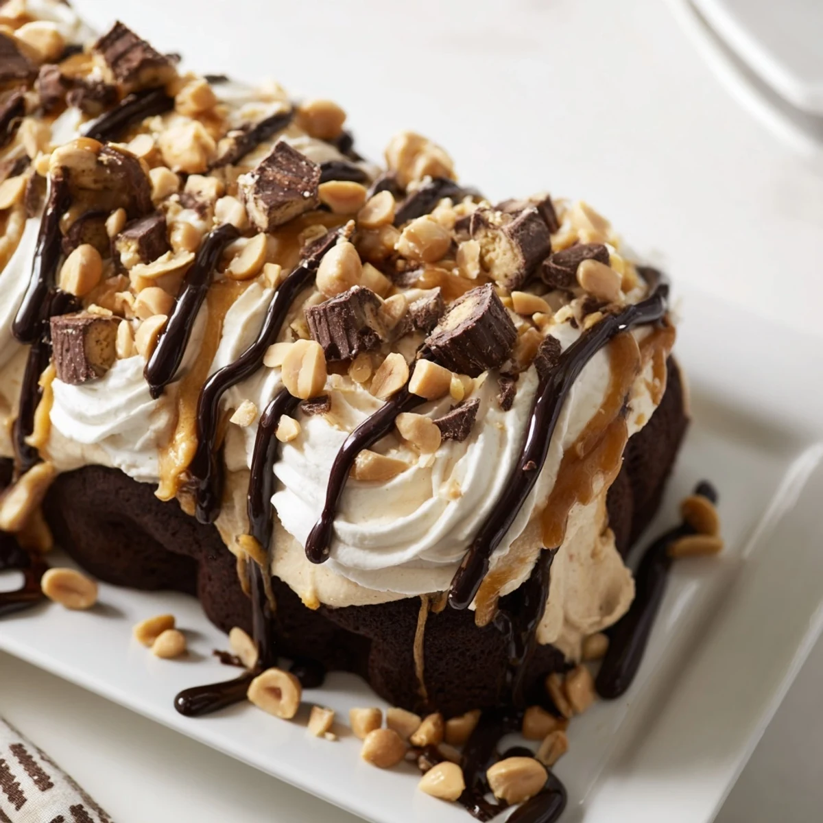 Moist Chocolate Peanut Butter Poke Cake plated on a white dish, featuring a thick layer of whipped cream and a glossy chocolate-peanut butter drizzle.