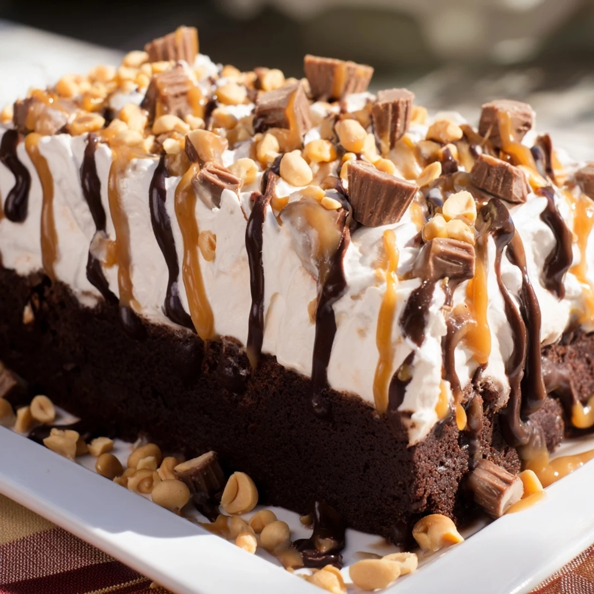 Rich chocolate drizzle covers the whipped cream topping of the Chocolate Peanut Butter Poke Cake, garnished with chopped peanuts and mini peanut butter cups.