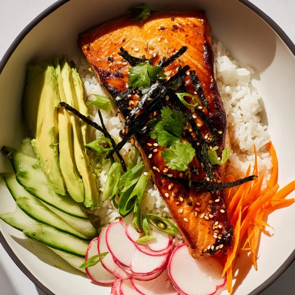 Flaky teriyaki-glazed salmon rests over fluffy jasmine rice with crunchy pickled veggies and drizzled sriracha mayo.
