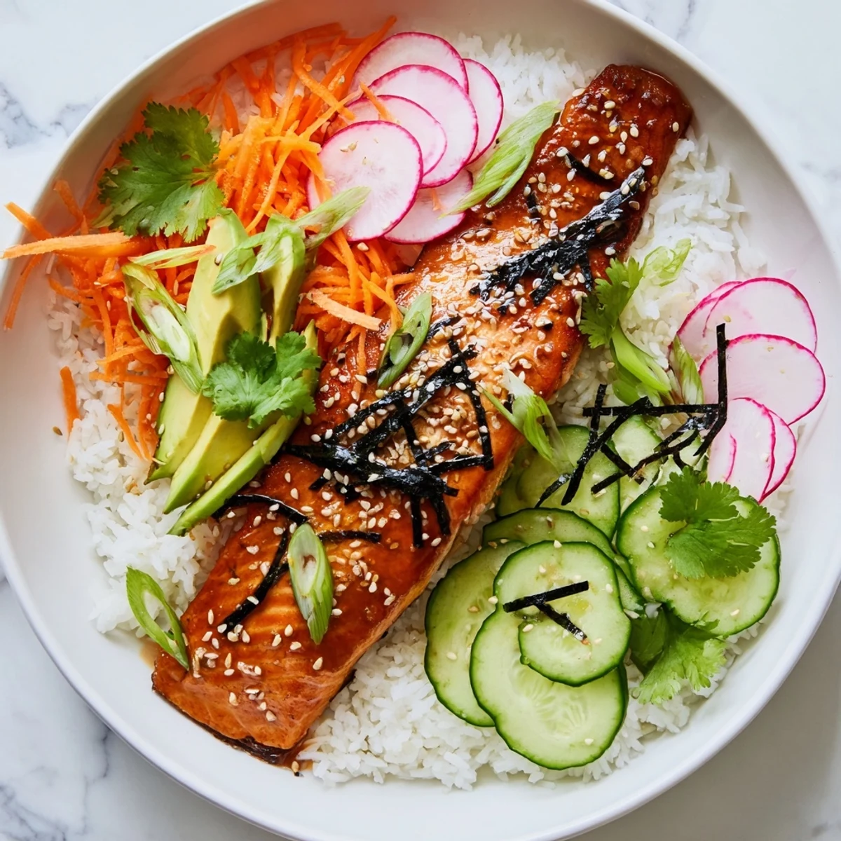 A close-up of Teriyaki Salmon Rice Taco Bowls with Pickled Veggies, topped with fresh avocado slices and sesame seeds.
