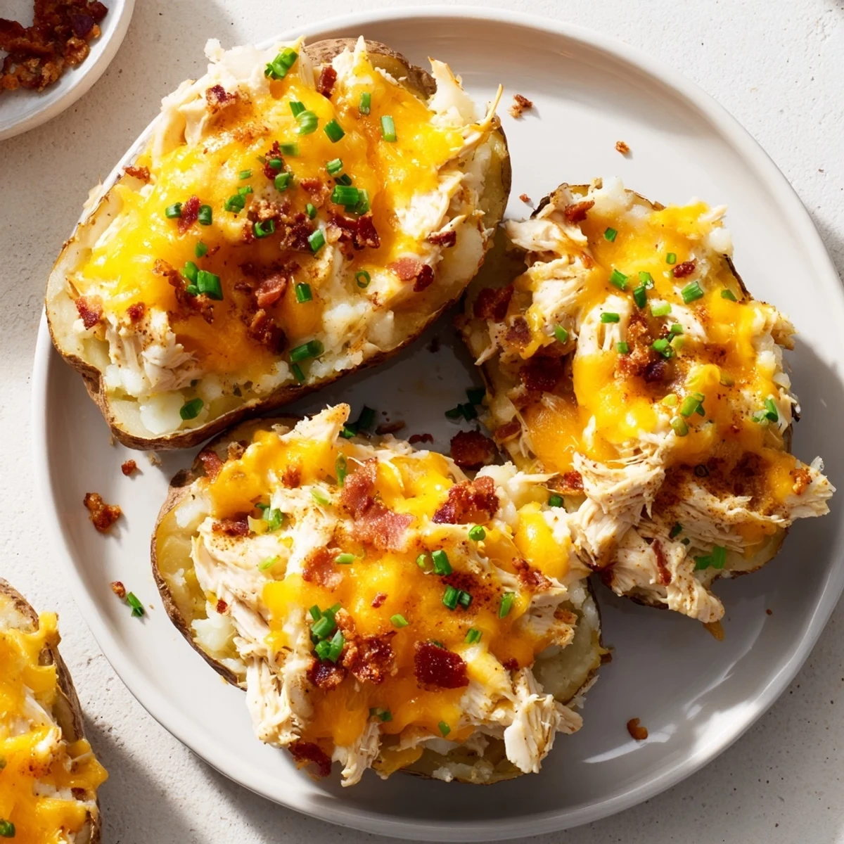 Creamy twice-baked potatoes filled with savory shredded chicken and melted cheddar cheese, topped with fresh parsley on a rustic plate.