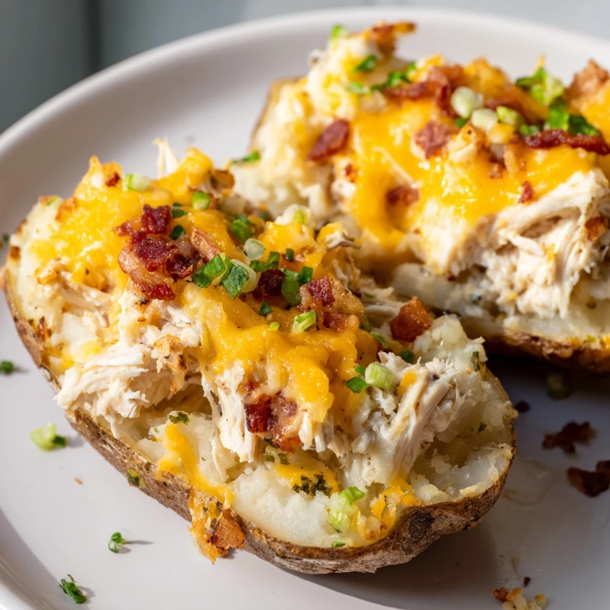 Golden baked potatoes stuffed with a hearty chicken filling, melted cheese, and bacon bits for a gluten-free main dish.