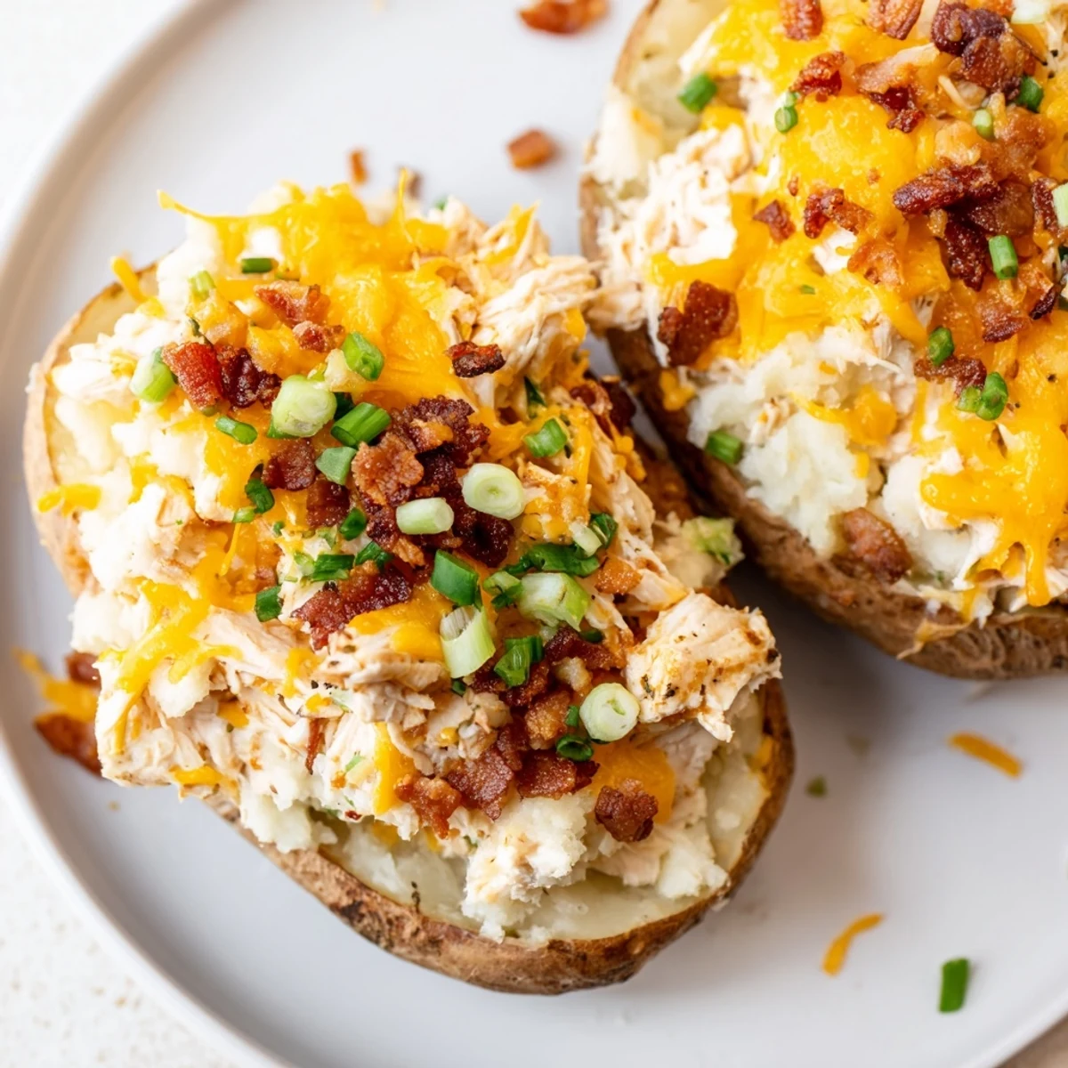 Crispy russet potato shells holding a rich chicken and cheddar mixture, garnished with green onions and served warm for dinner.