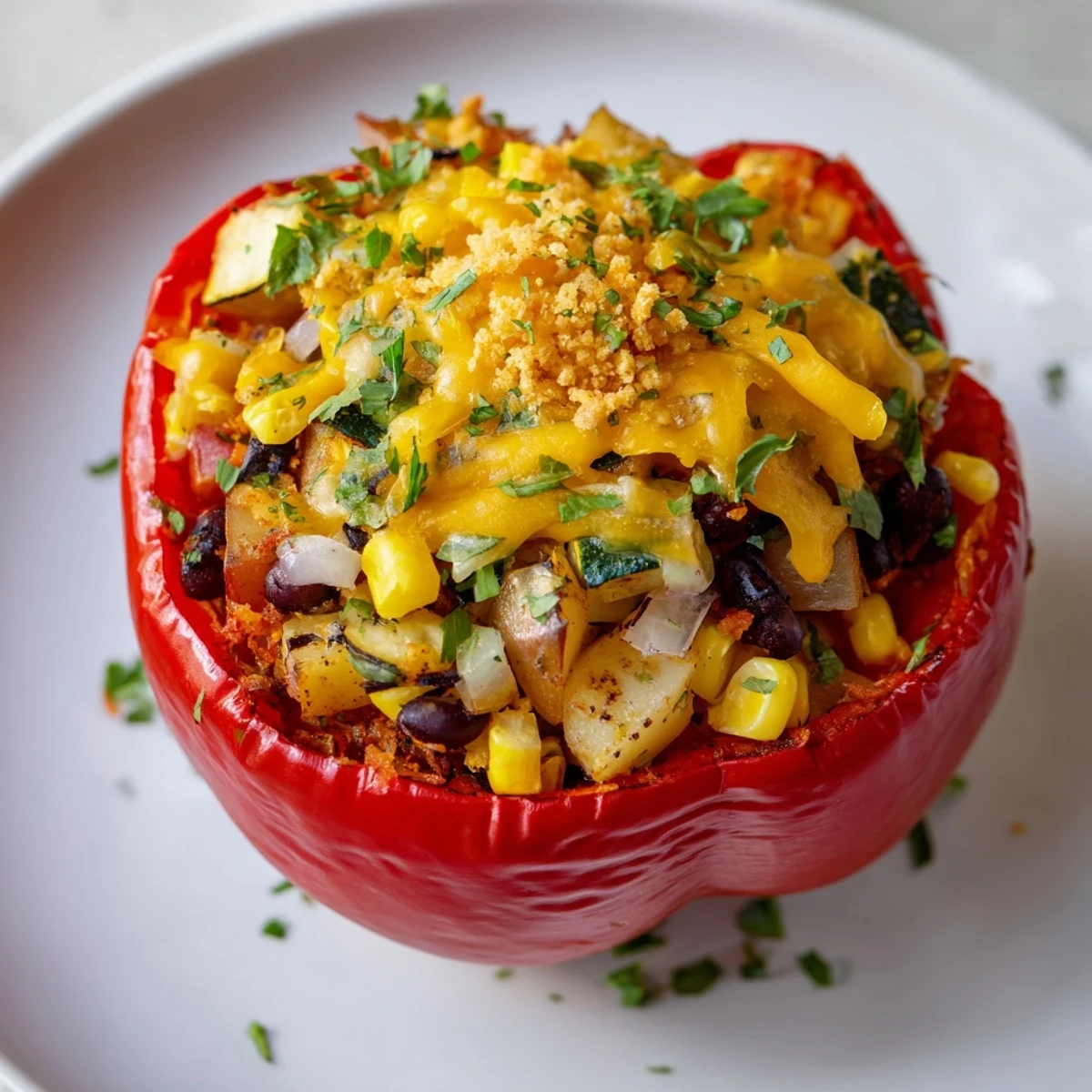A close-up view shows golden-brown Cajun Potato Stuffed Bell Peppers with a savory potato and vegetable filling inside.