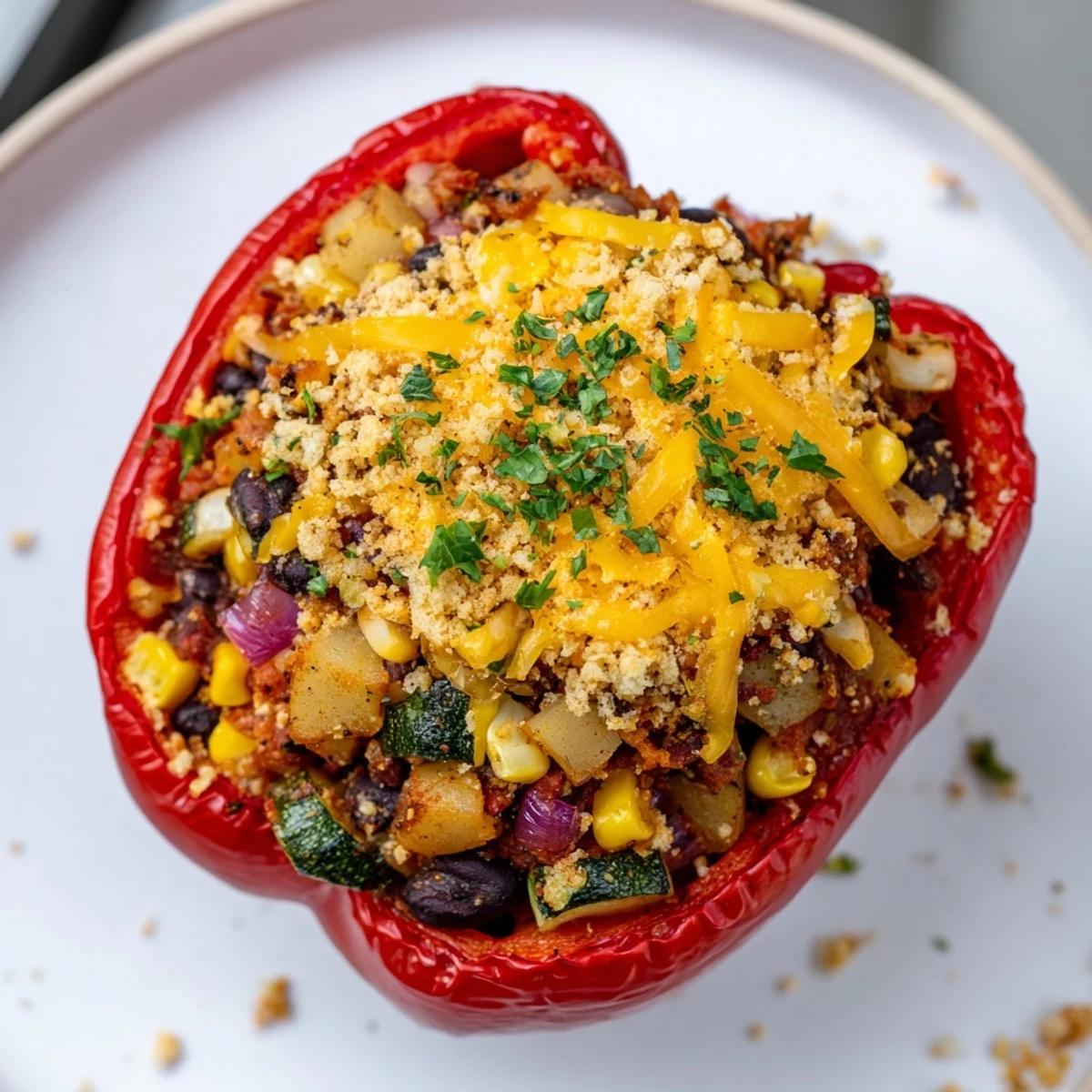 Cajun Potato Stuffed Bell Peppers are served warm from the oven, garnished with fresh parsley and melted cheddar cheese.