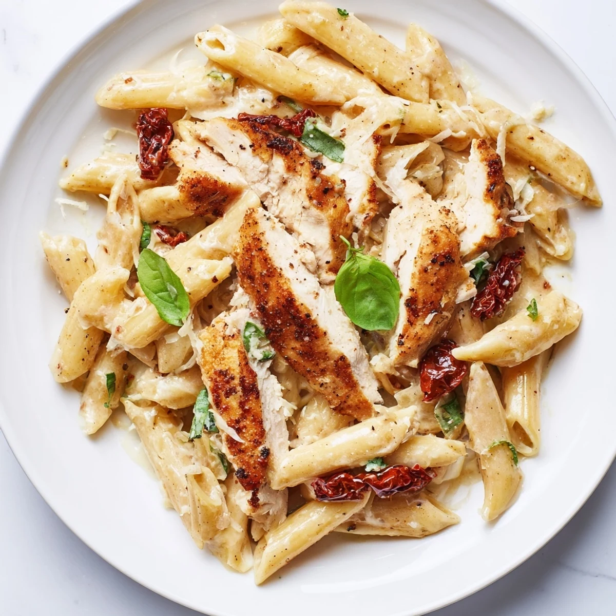 Creamy Marry Me Garlic Parmesan Chicken Pasta with tender sliced chicken, penne, sun-dried tomatoes, and fresh basil garnish.
