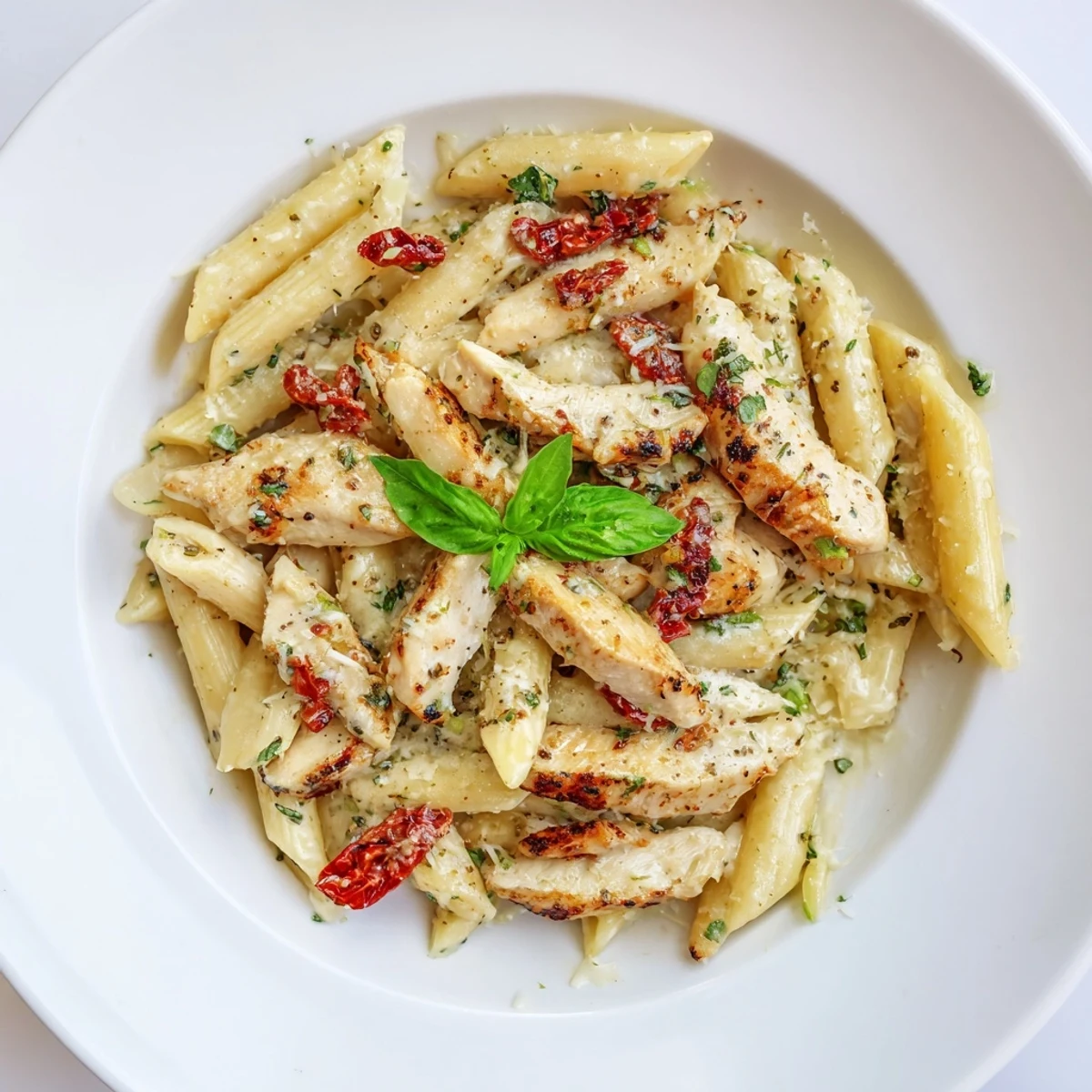 Marry Me Garlic Parmesan Chicken Pasta served hot in a skillet with parmesan garnish and garlic sauce glistening.