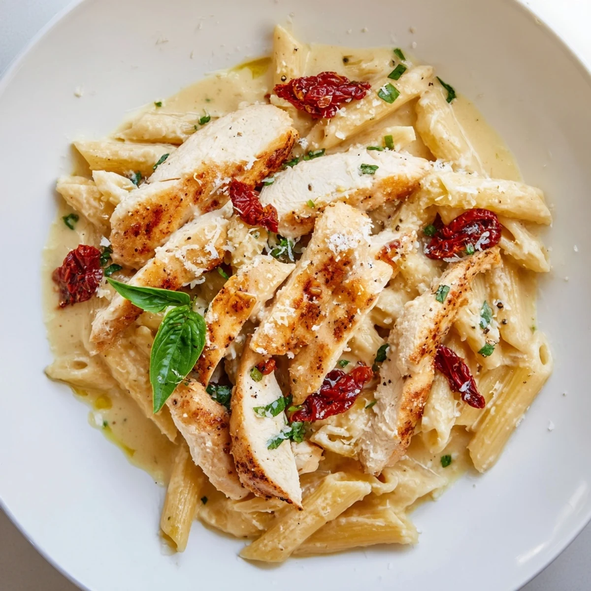 Warm Marry Me Garlic Parmesan Chicken Pasta twirled on a fork, highlighting creamy sauce and sun-dried tomatoes.