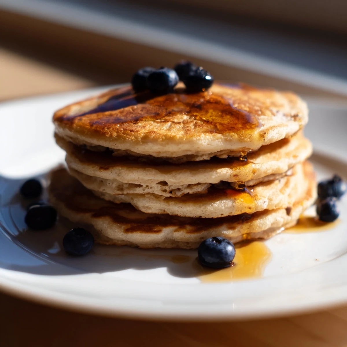 Golden-brown Sourdough Discard Pancakes served with butter and syrup, highlighting a delicious and easy breakfast recipe for busy mornings.