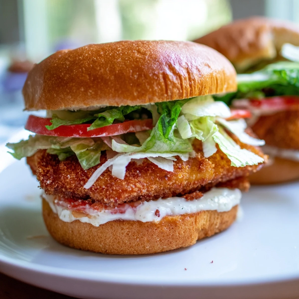 Golden crispy chicken fillet on a toasted bun with Caesar dressing and fresh romaine, ready to serve.