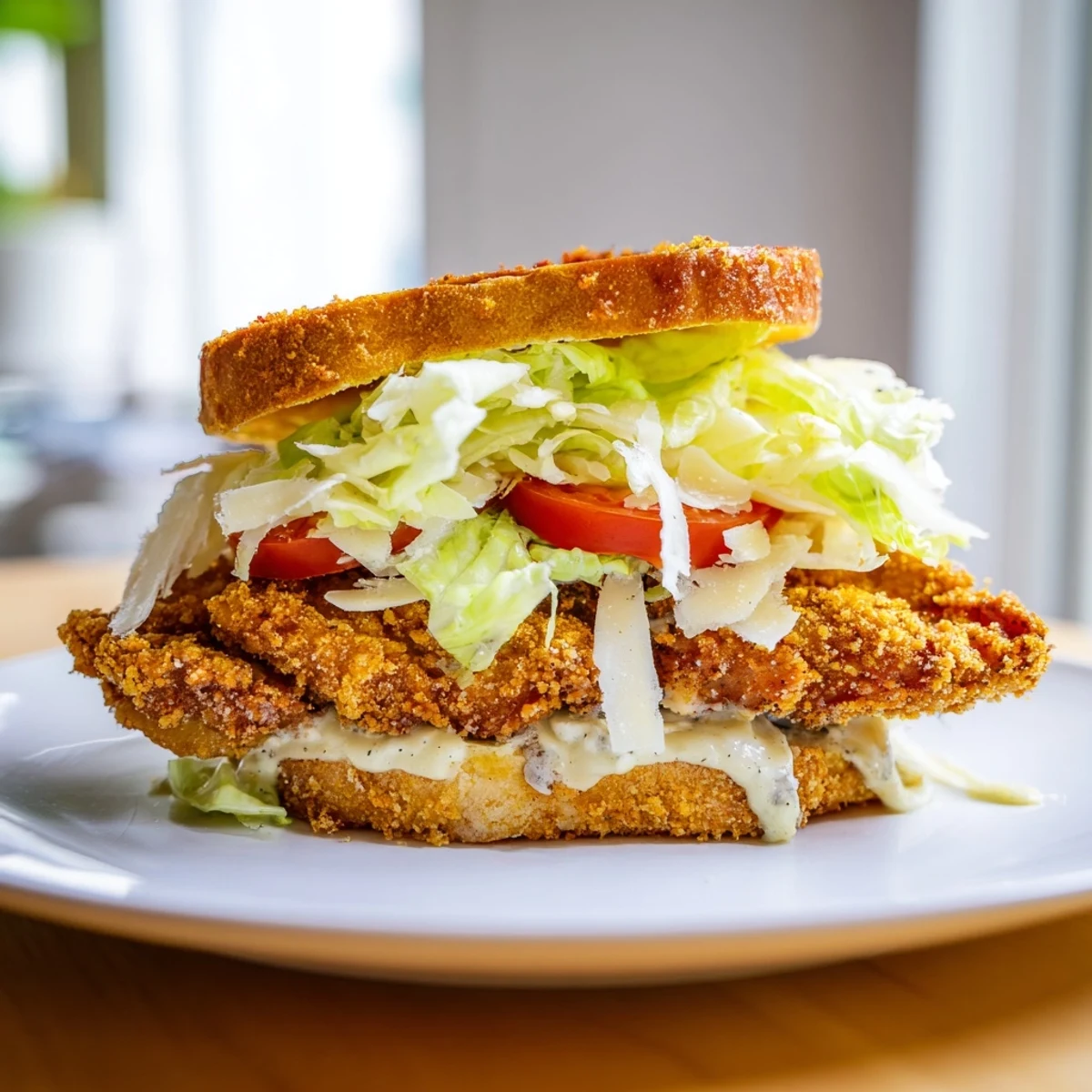 Marry Me Crispy Chicken Caesar Sandwich stacked with shaved Parmesan and crunchy lettuce on a buttery brioche bun.