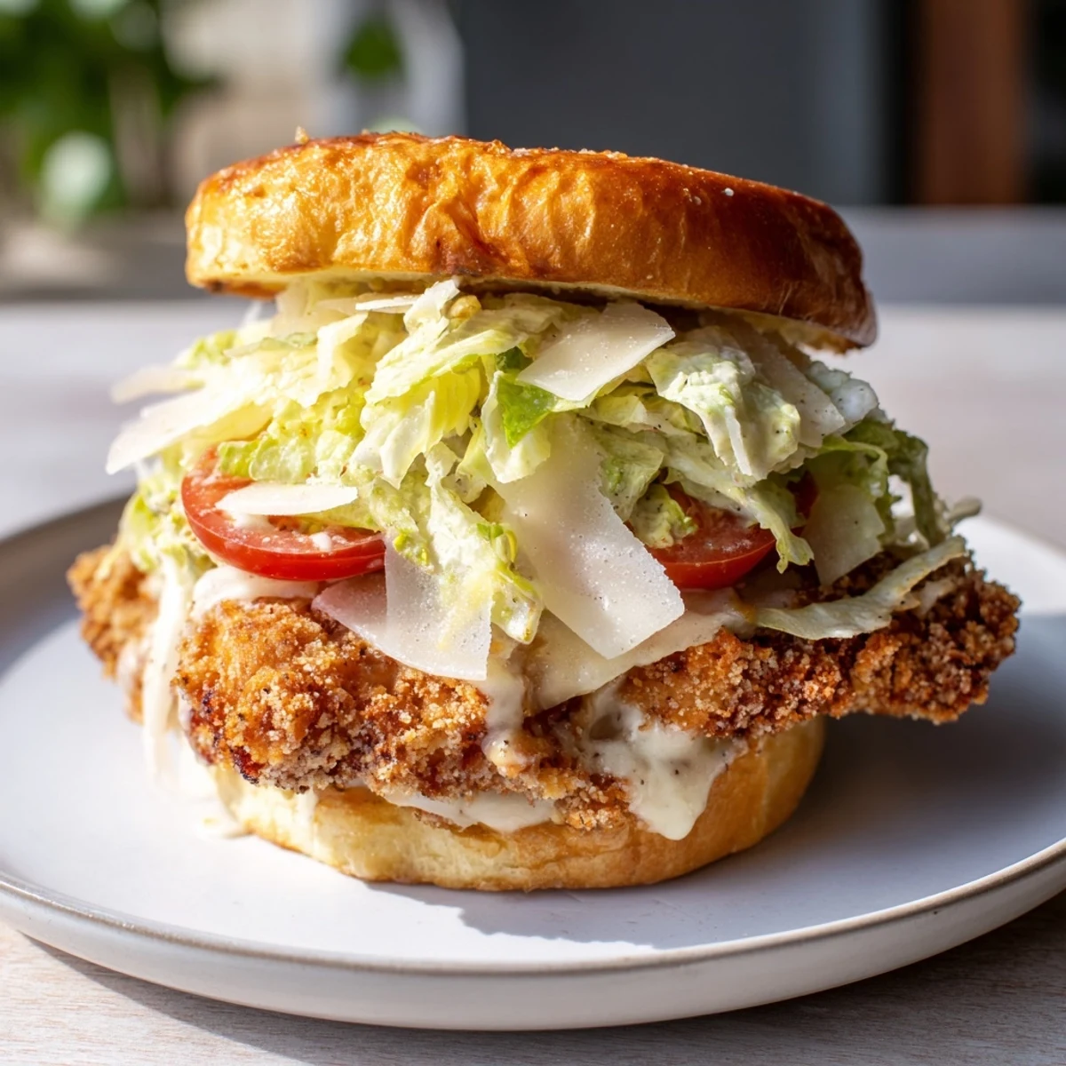 Close-up of the Marry Me Crispy Chicken Caesar Sandwich, highlighting golden fried chicken and creamy Caesar dressing.