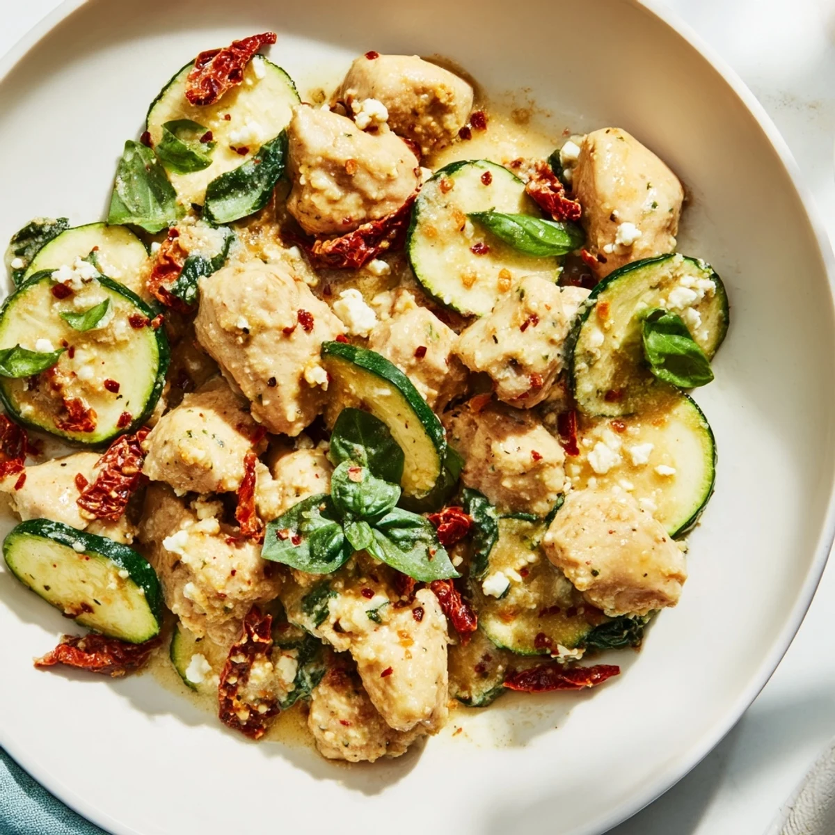 Golden-baked Marry Me Mediterranean Chicken Zucchini Bake in a white dish with melted cheese and fresh basil garnish.