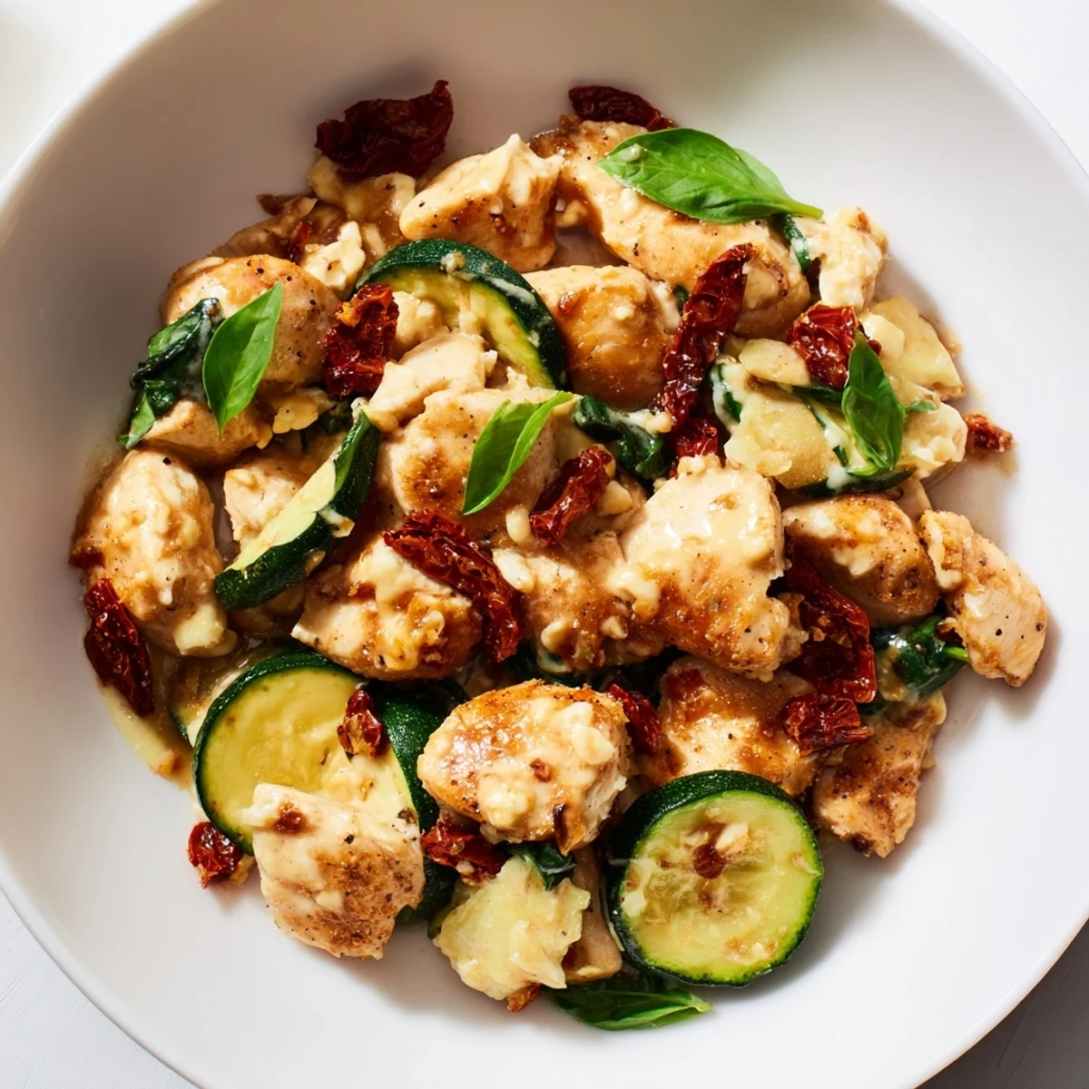 Close-up of Marry Me Mediterranean Chicken Zucchini Bake with fresh basil, showcasing creamy texture and sun-dried tomatoes.