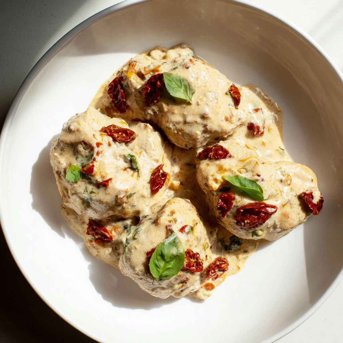 Golden brown chicken breasts simmered in a creamy sun-dried tomato sauce, garnished with fresh basil for a romantic dinner.