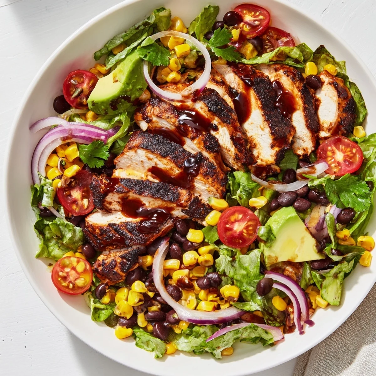Freshly prepared Chipotle Lime Chicken Salad drizzled with zesty dressing and topped with colorful vegetables.
