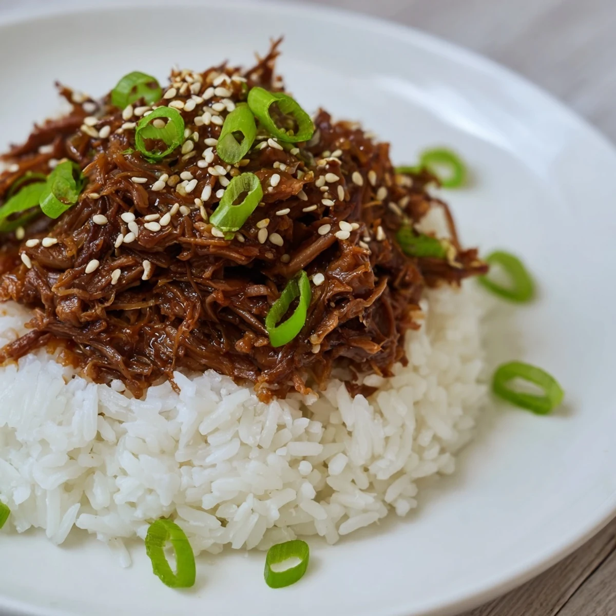 Tender Crock Pot Korean Beef shredded in a savory sauce served over fluffy rice with green onions and sesame seeds.