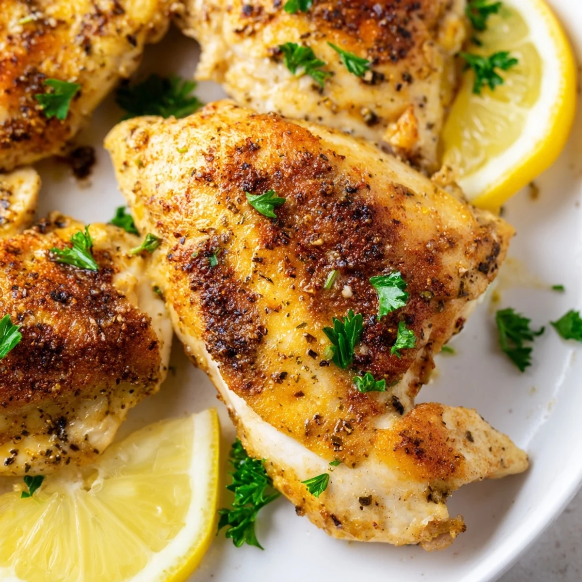 Golden brown Oven Baked Chicken Breasts rest on a white plate with fresh parsley garnish.