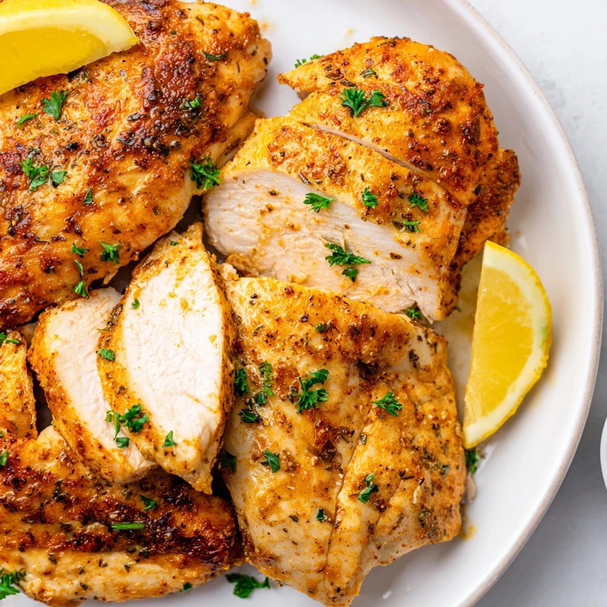 Perfectly seasoned Oven Baked Chicken Breasts arranged in a baking dish ready to be served.