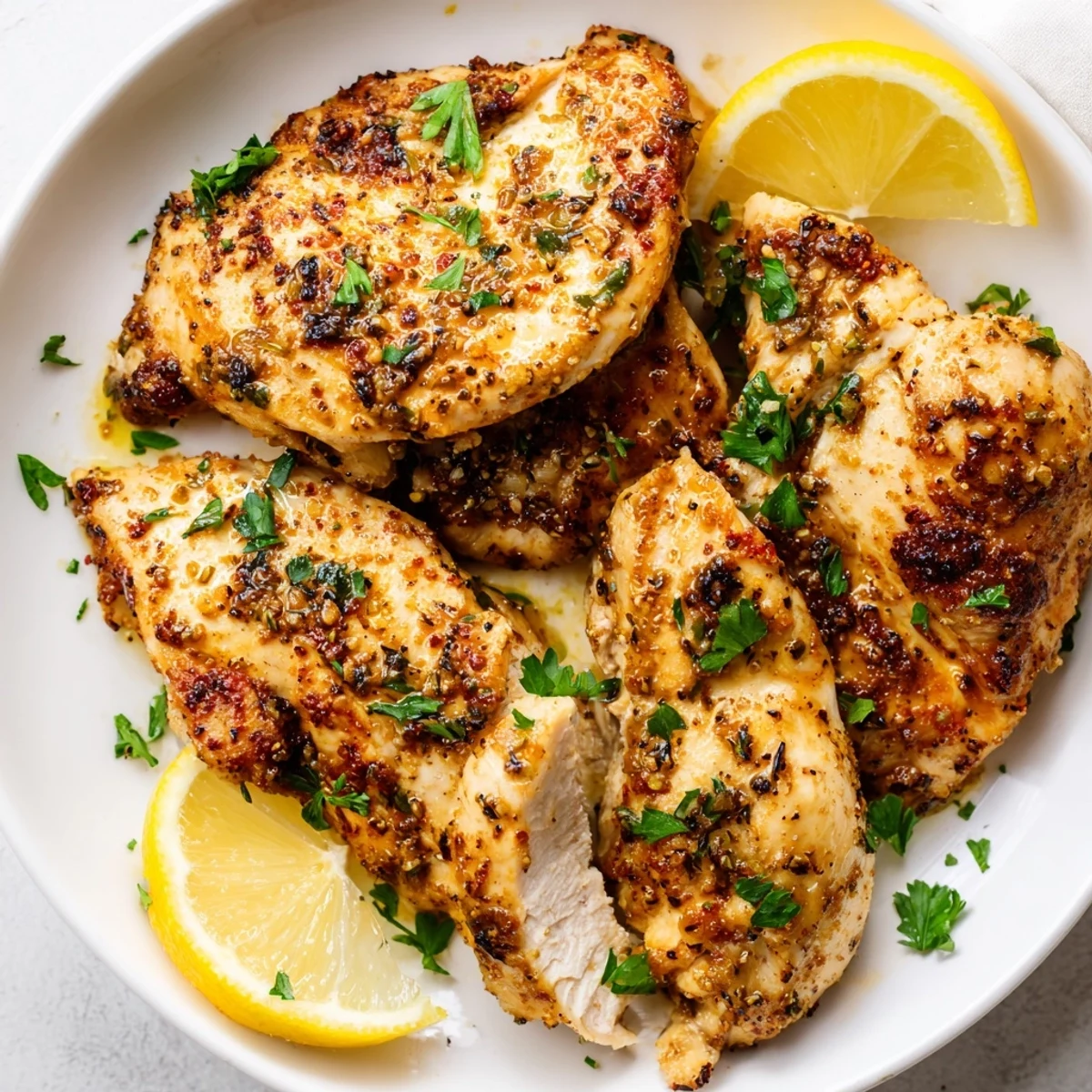 Sliced juicy Oven Baked Chicken Breasts served beside roasted vegetables and lemon wedges for dinner.