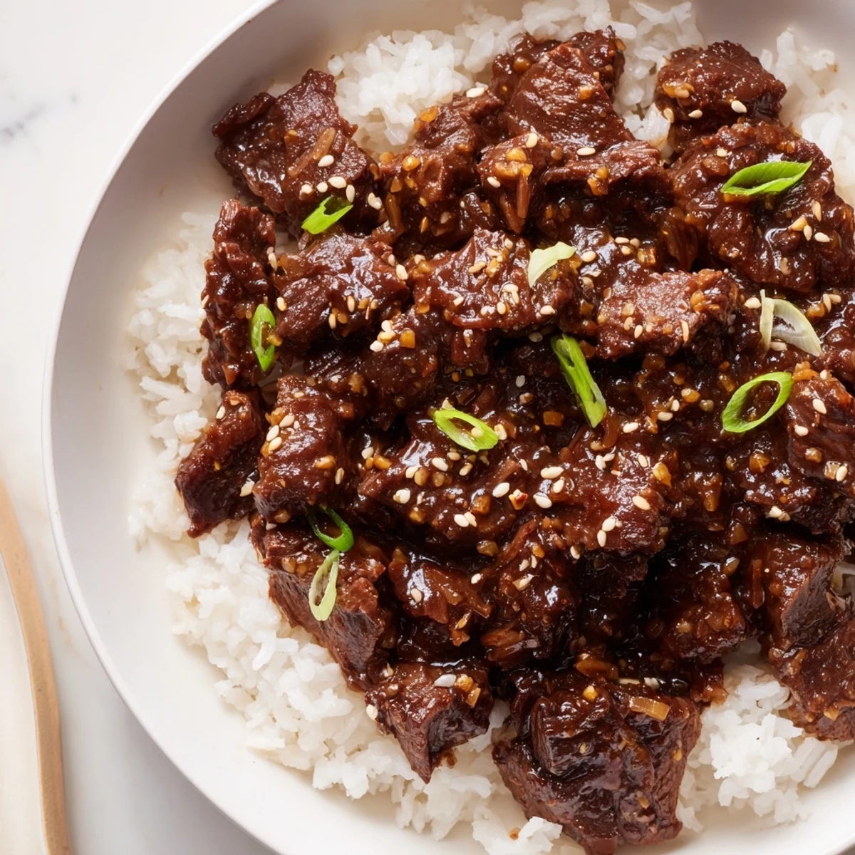 Fall-apart tender beef chunks coated in a glossy Korean-inspired glaze, plated with rice and fresh green onion garnish.