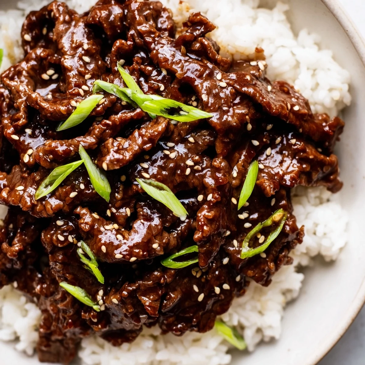 Fork-tender Ultimate Slow Cooker Mongolian Beef plated with steamed rice, scallions, and sesame seeds, showcasing a glossy glaze and aromatic ginger-garlic notes.