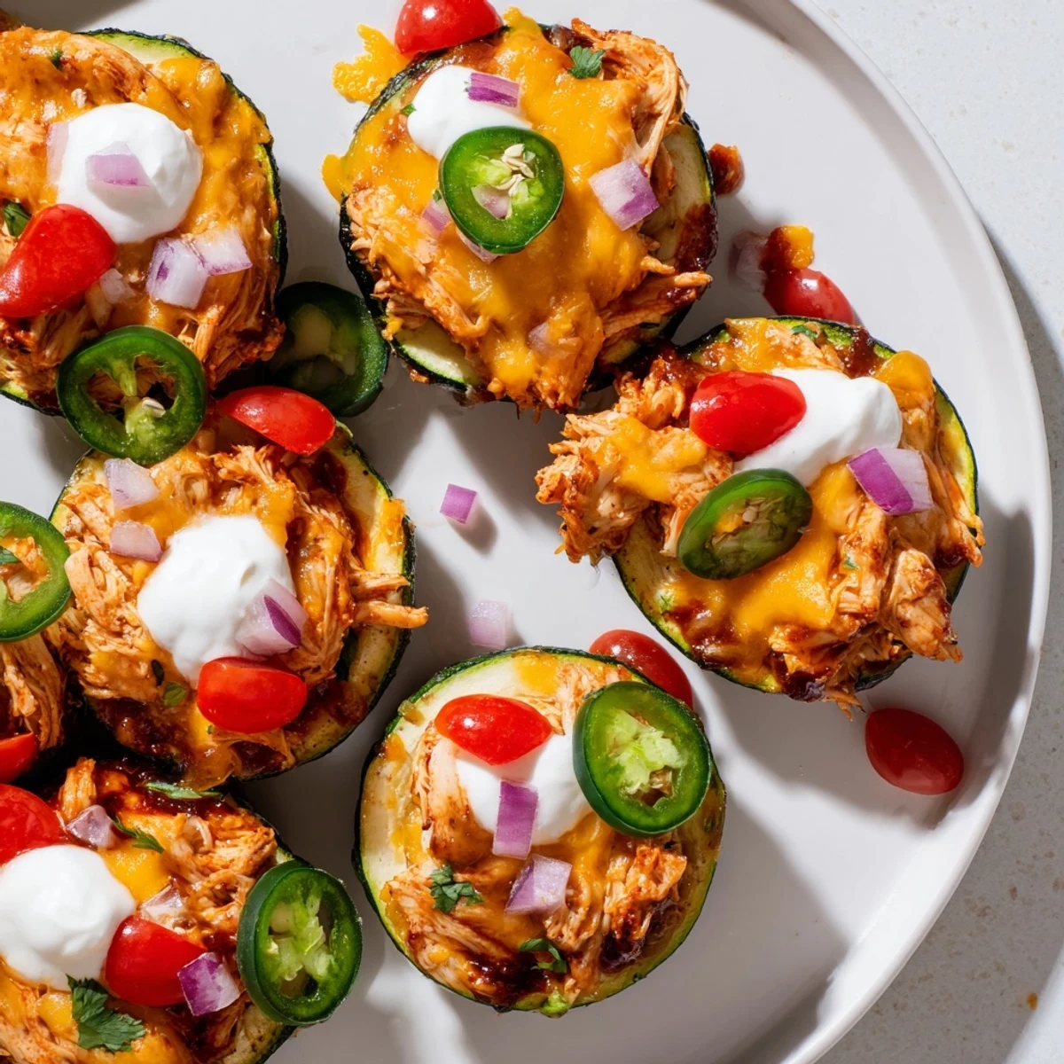 A close-up of Cheesy BBQ Chicken Zucchini Nachos featuring juicy BBQ chicken, melty cheddar, diced tomatoes, and jalapeños on golden zucchini chips.
