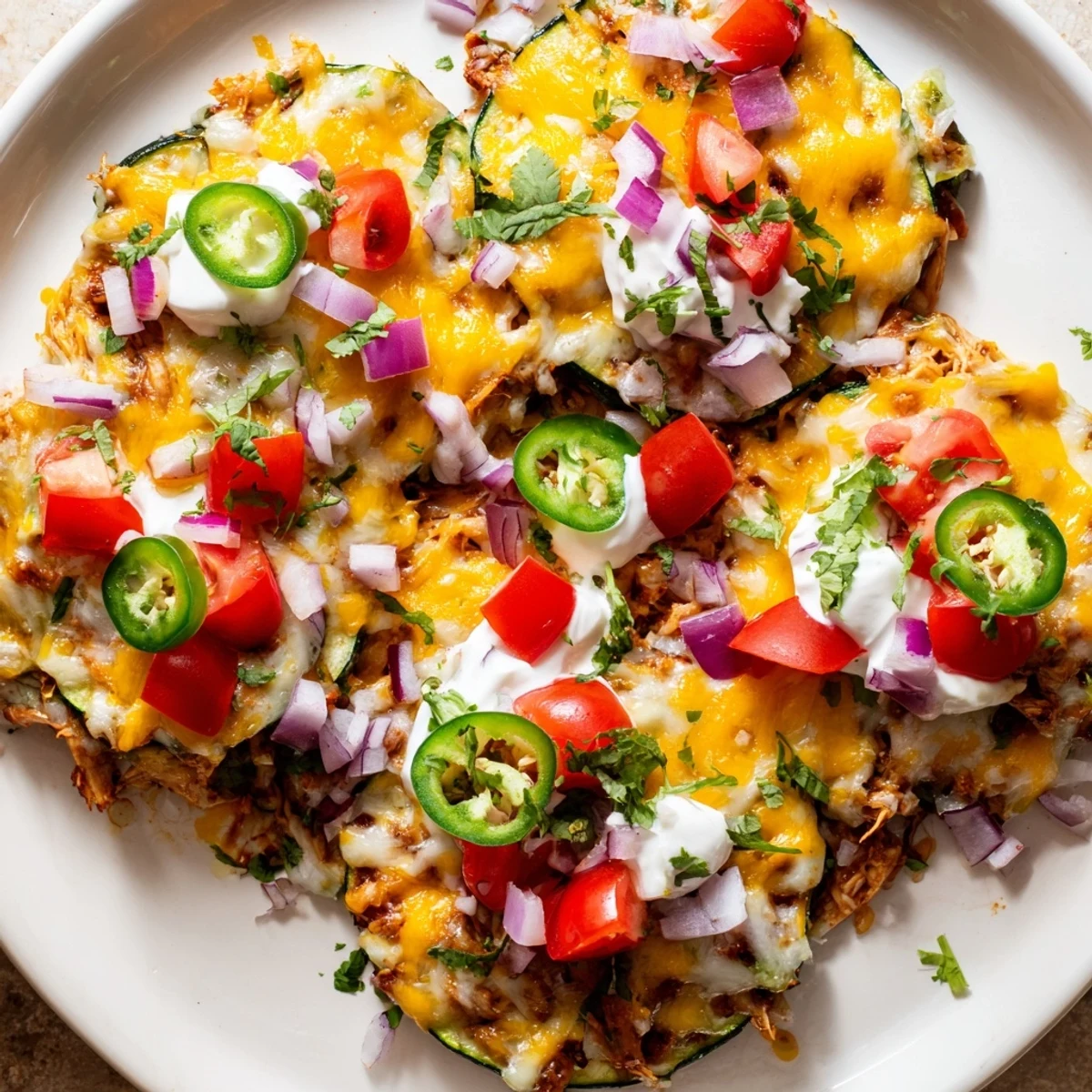 Roasted zucchini rounds topped with smoky BBQ chicken and melted cheese for Cheesy BBQ Chicken Zucchini Nachos, served with fresh garnishes.