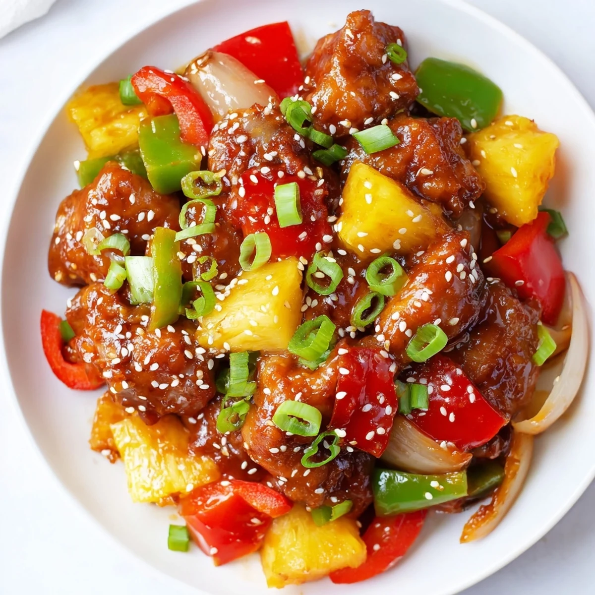 A close-up of Slow Cooker Hawaiian Pineapple Chicken served over steamed rice, garnished with green onions and toasted sesame seeds.