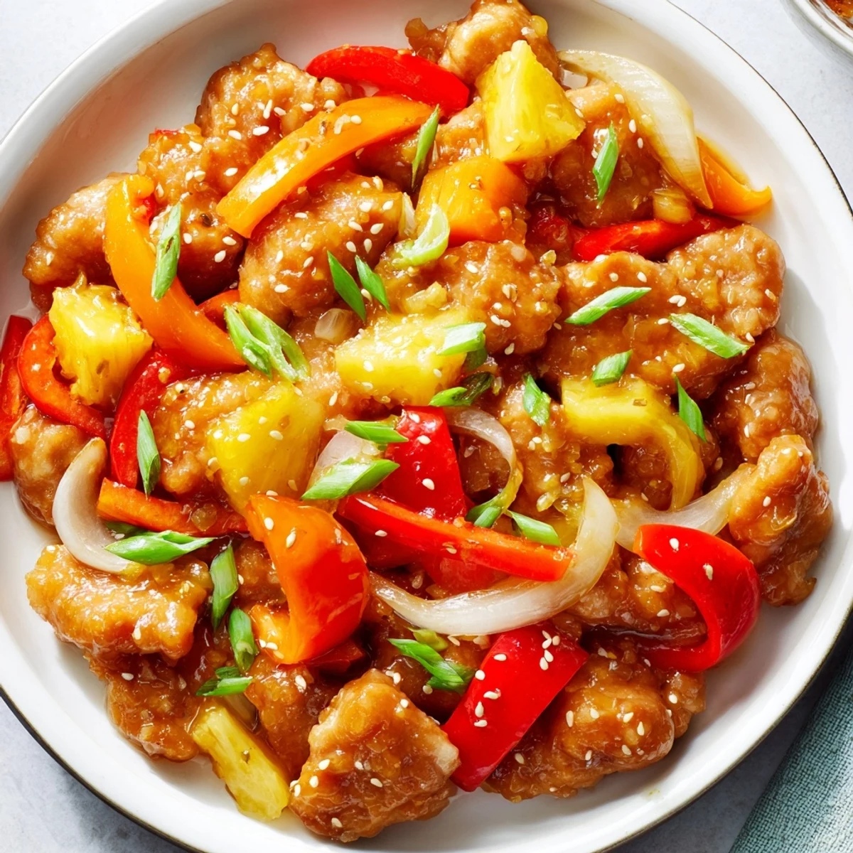 A close-up of Sweet Hawaiian Crockpot Chicken on a white plate with fluffy rice, garnished with fresh green onions.