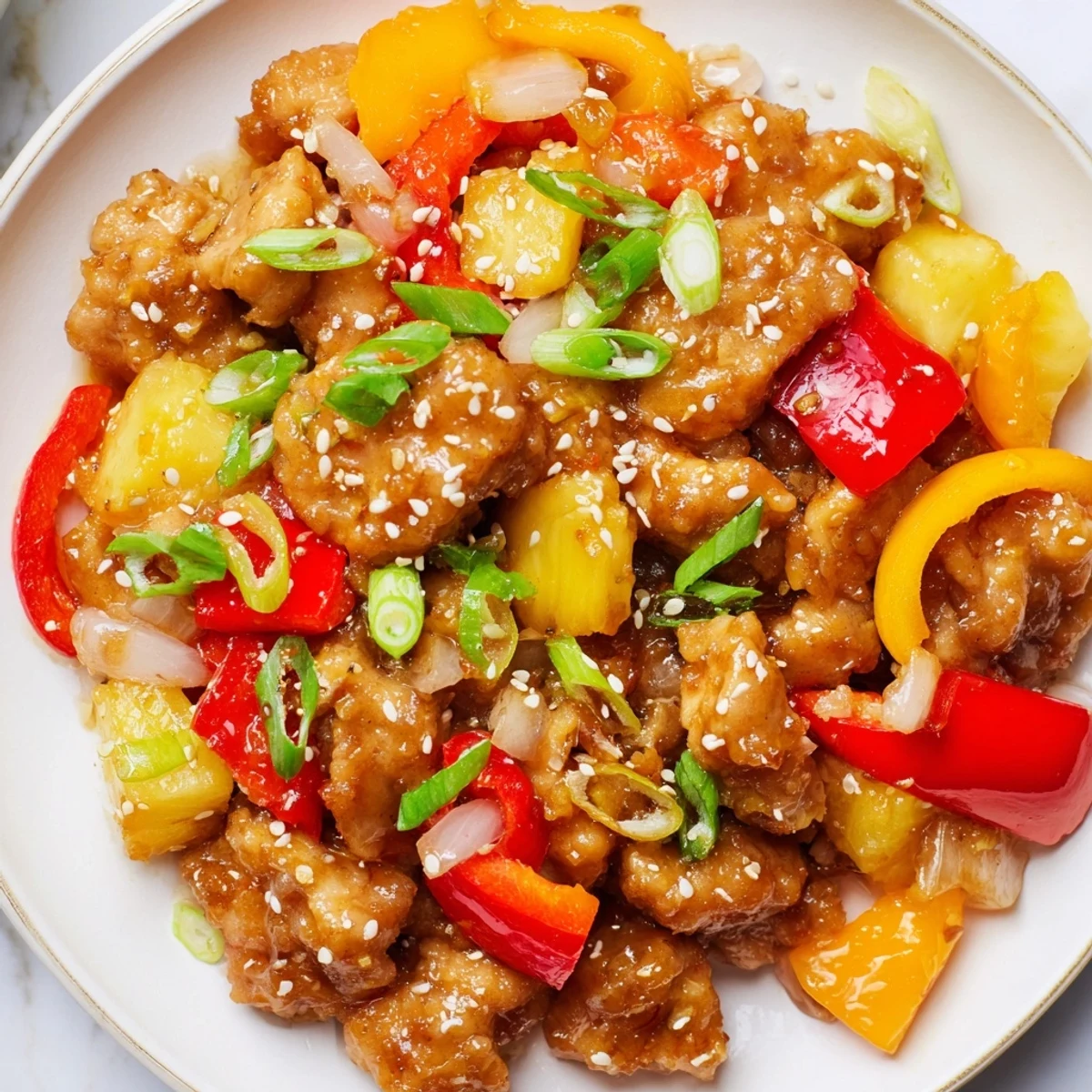 Slow cooker Sweet Hawaiian Crockpot Chicken in a ceramic bowl, showcasing tender meat and a glossy, sweet pineapple sauce.
