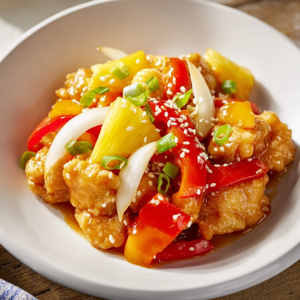 A serving of Sweet Hawaiian Crockpot Chicken topped with toasted sesame seeds alongside colorful bell peppers and pineapple chunks.
