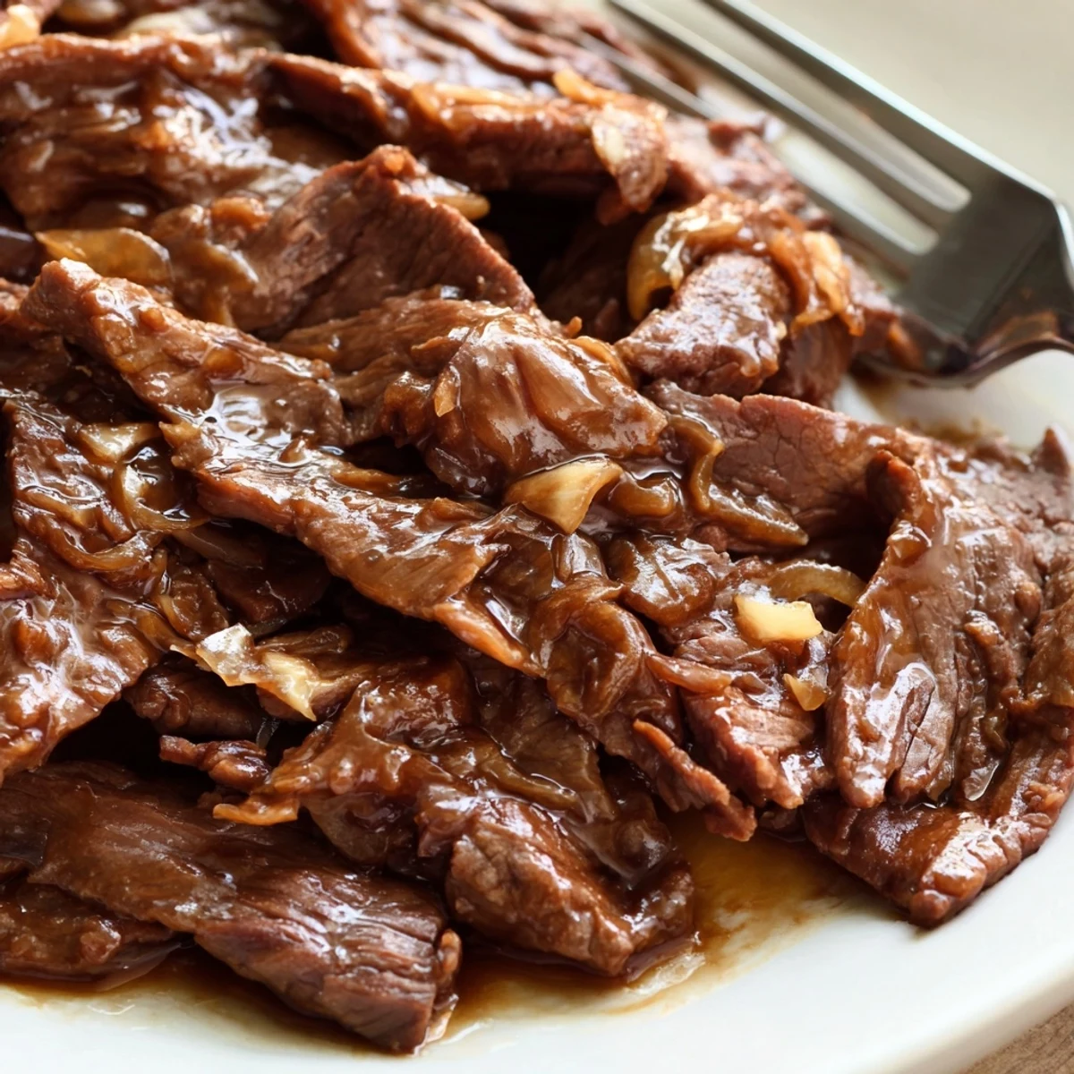 Tender slices of Ultimate Slow Cooker Mongolian Beef glazed in a rich, savory-sweet sauce, served over steamed rice with fresh green onions and sesame seeds.