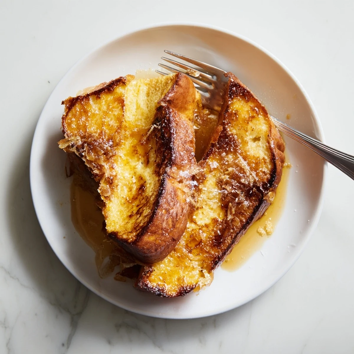 A close-up view shows the puffy Crème Brûlée French Toast topped with a crisp, amber torched sugar crust.