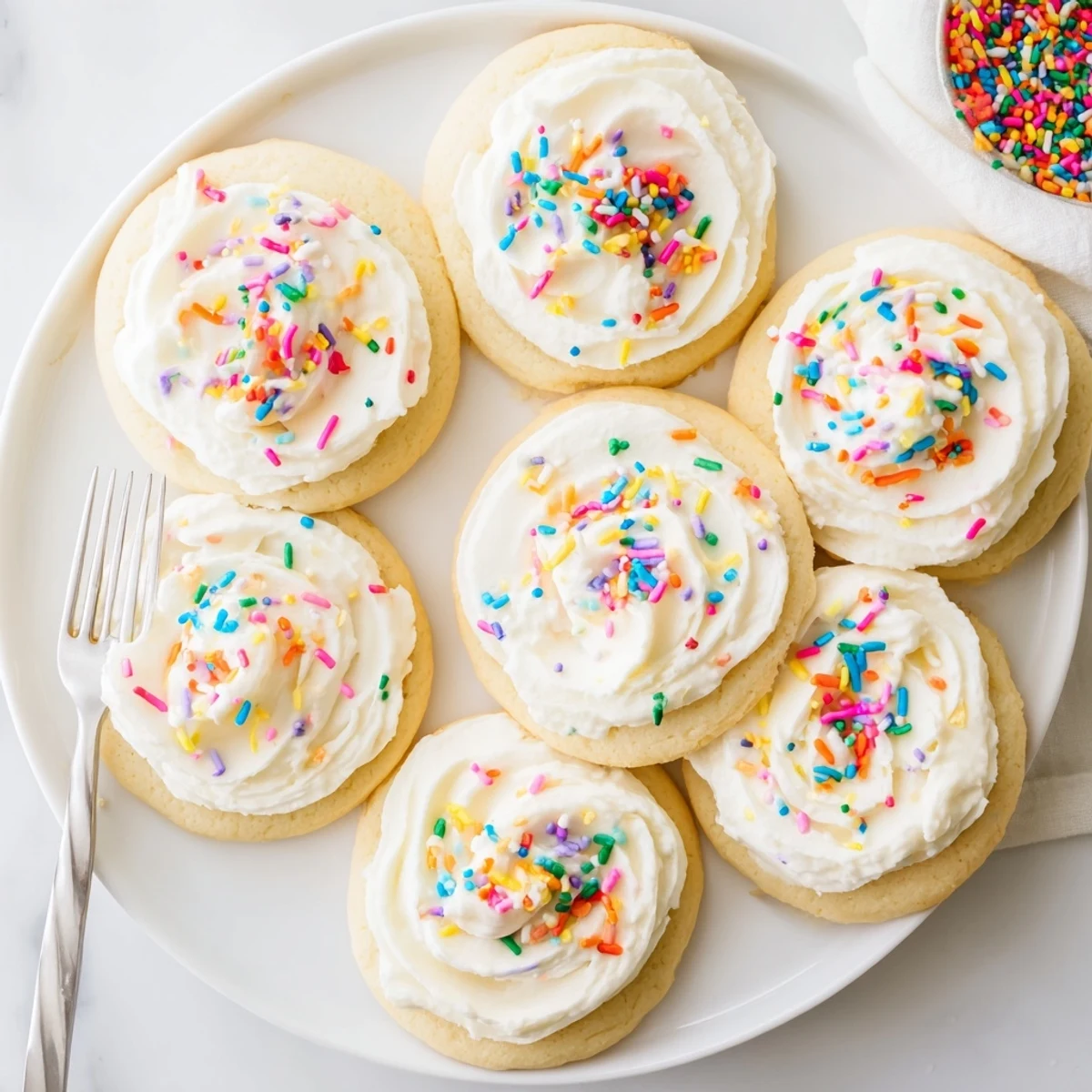 Freshly baked Walmart-Style Sugar Cookies with Buttercream Frosting on a wire rack, their soft edges and creamy white topping inviting for a sweet snack or party dessert.