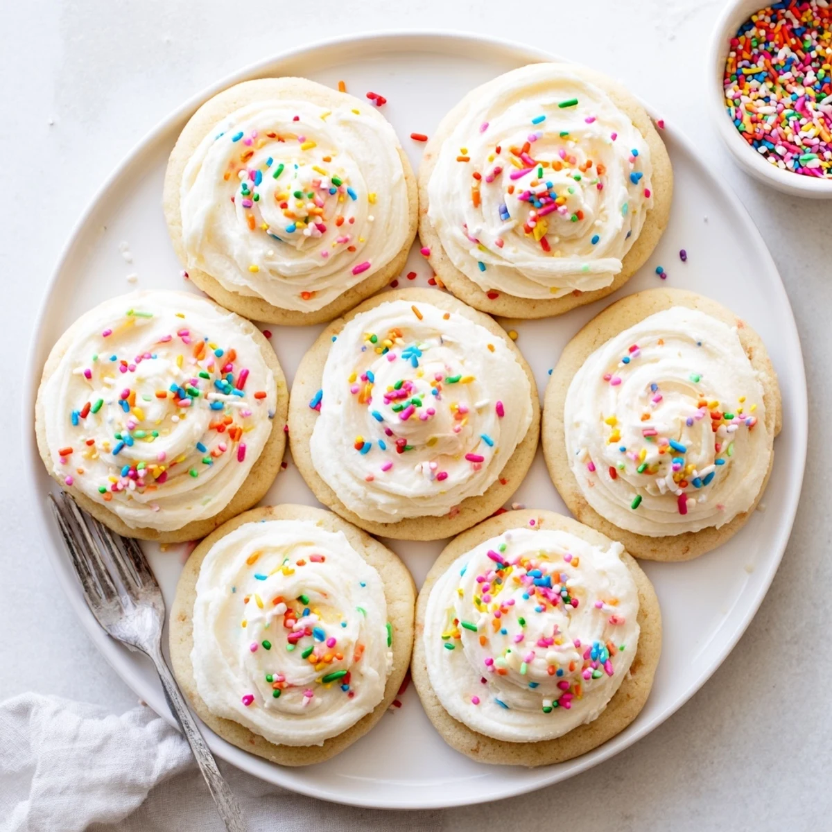 Platter of homemade Walmart-Style Sugar Cookies with Buttercream Frosting, arranged on a checkered tablecloth for a classic American bake sale or family gathering.