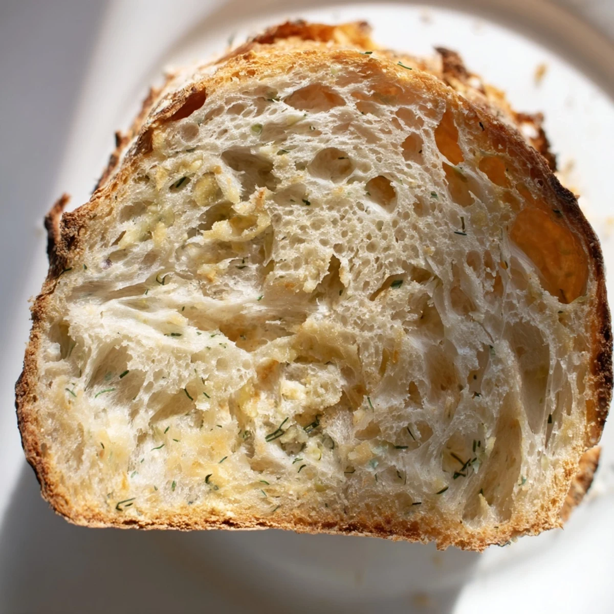 Golden crust of No Knead Dill Gouda Artisan Bread with fresh dill pieces and melted cheese.