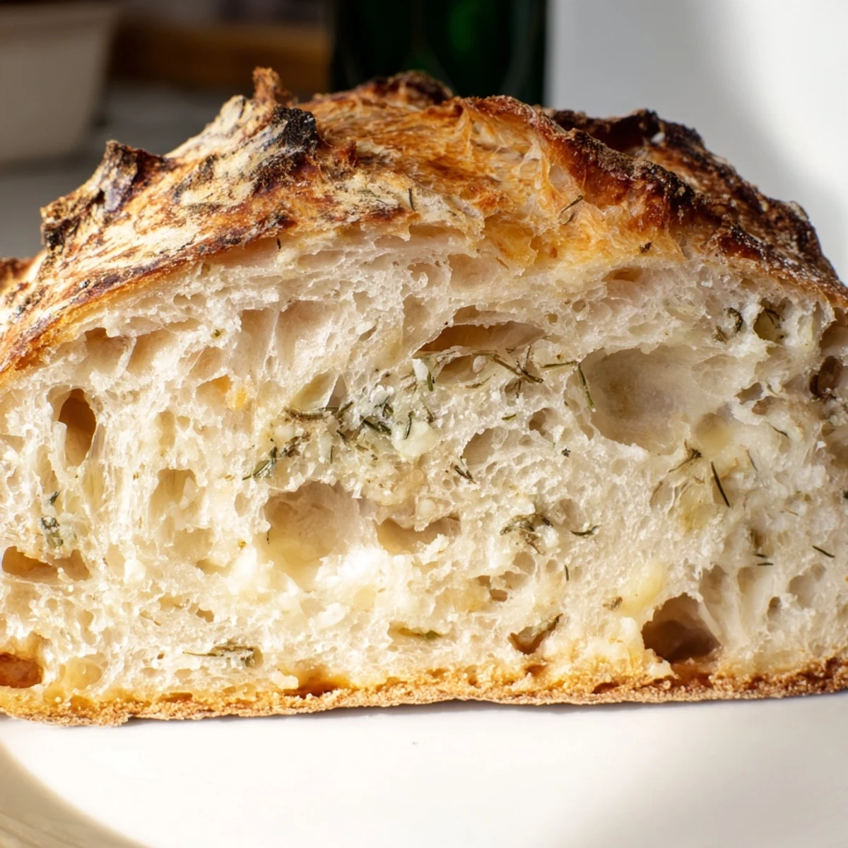 Rustic No Knead Dill Gouda Artisan Bread served warm with butter on a wooden board.