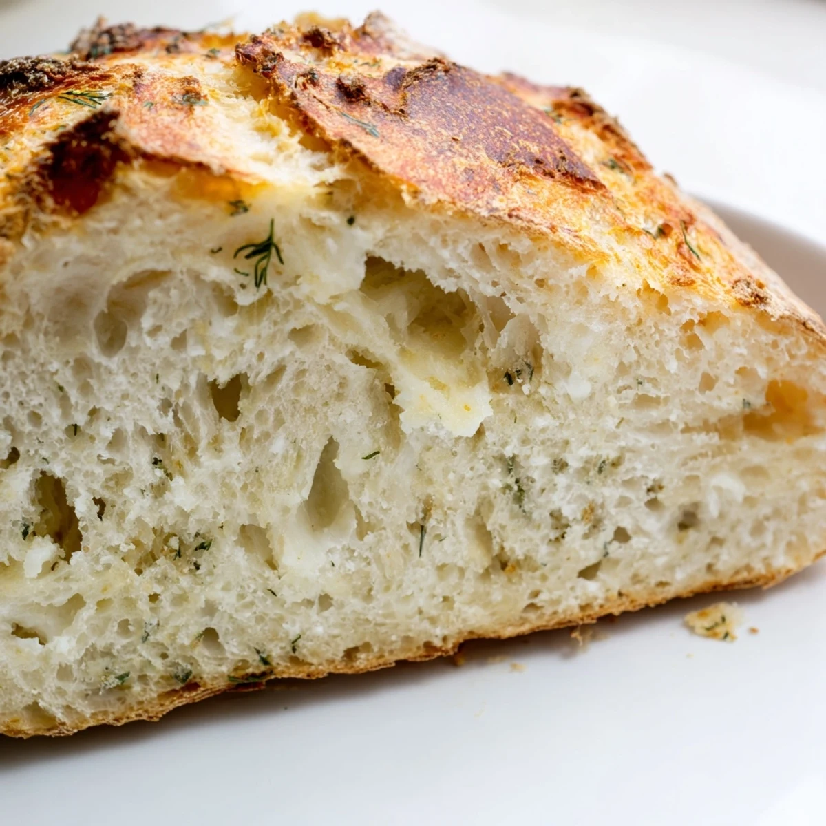 A freshly baked No Knead Dill Gouda Artisan Bread loaf ready to slice for dinner.