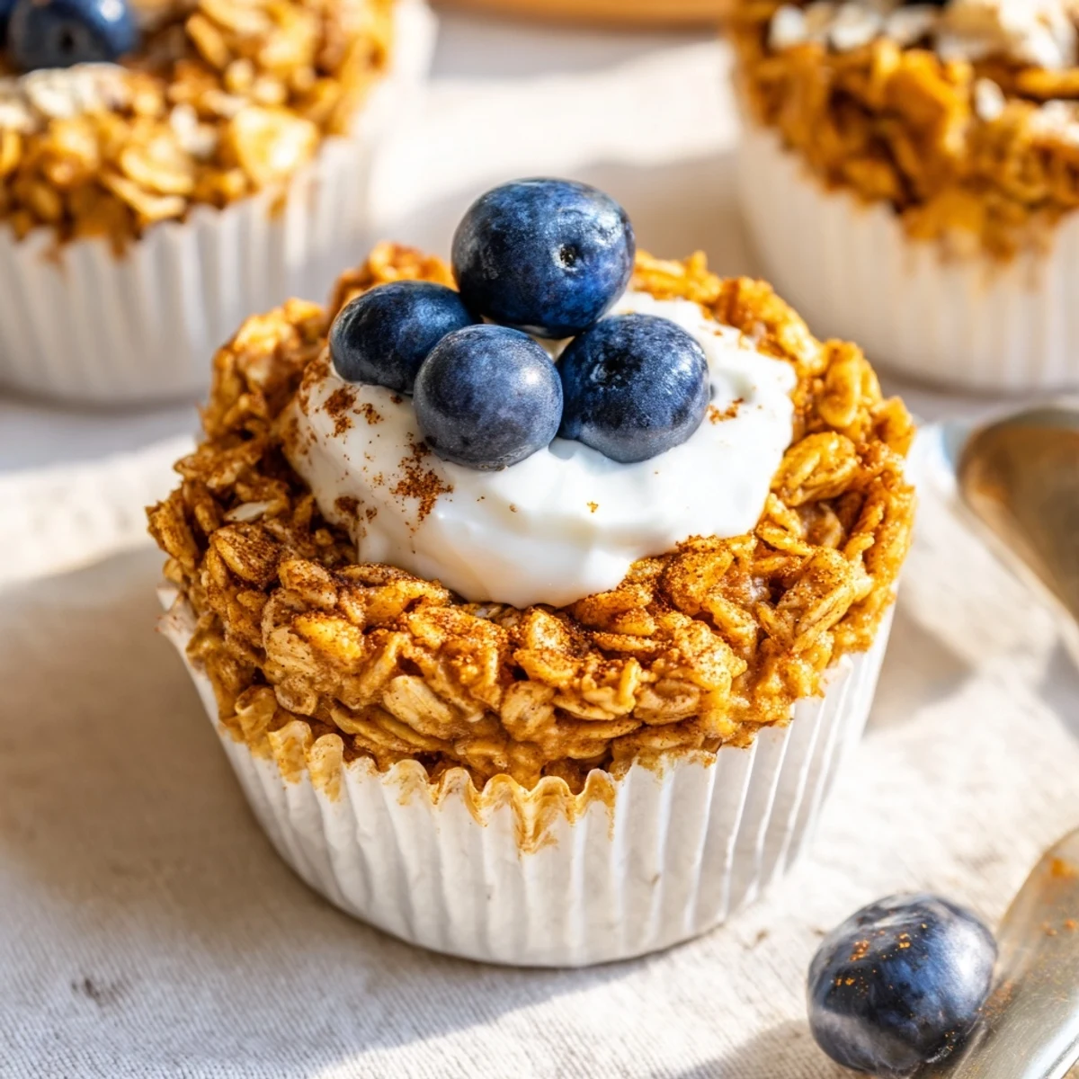 Freshly baked oatmeal cups with Greek yogurt topping sit on a cooling rack, ready for a healthy breakfast.