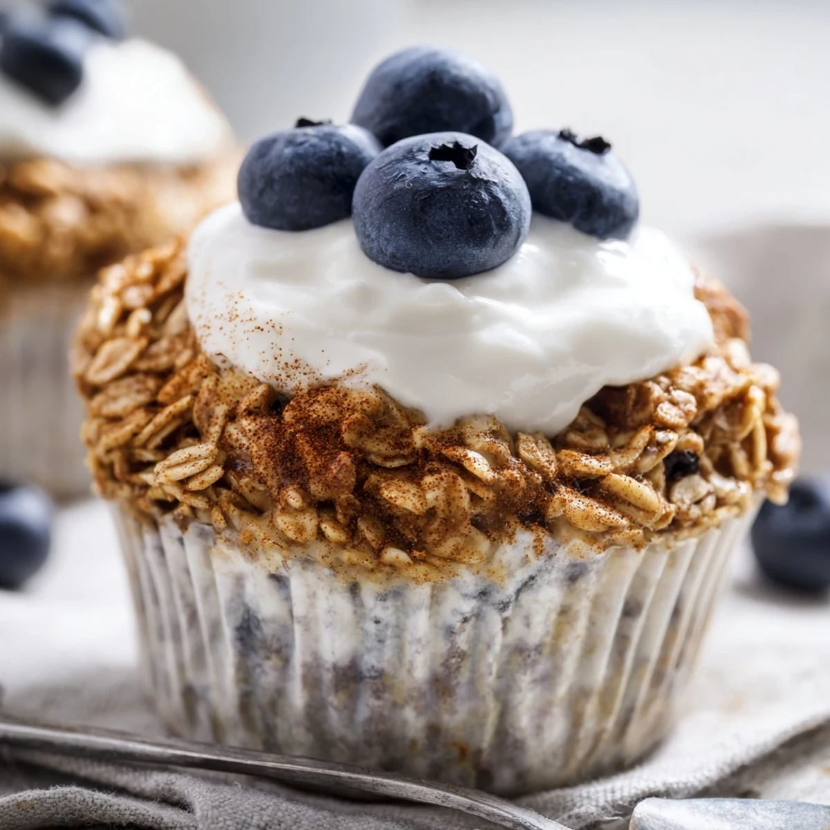 Hearty Baked Oatmeal Cups with Greek Yogurt served in a muffin tin, perfect for a quick snack.