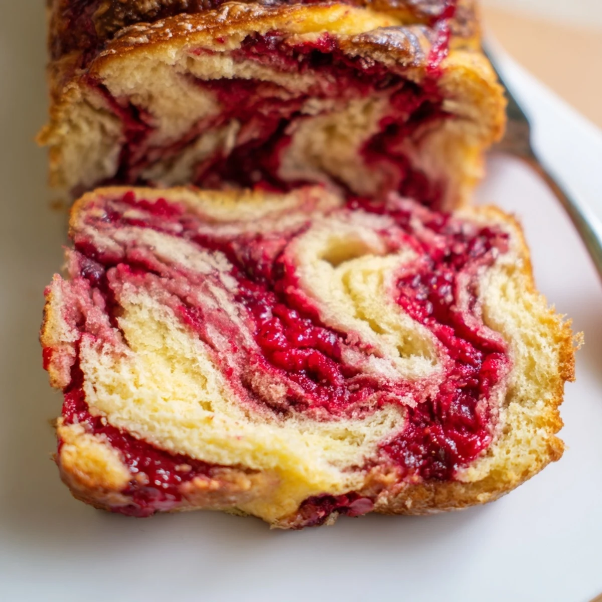 A freshly baked Raspberry Swirl Brioche Loaf rests on a wooden board, with slices revealing the vibrant red fruit swirls and a soft, buttery crumb.
