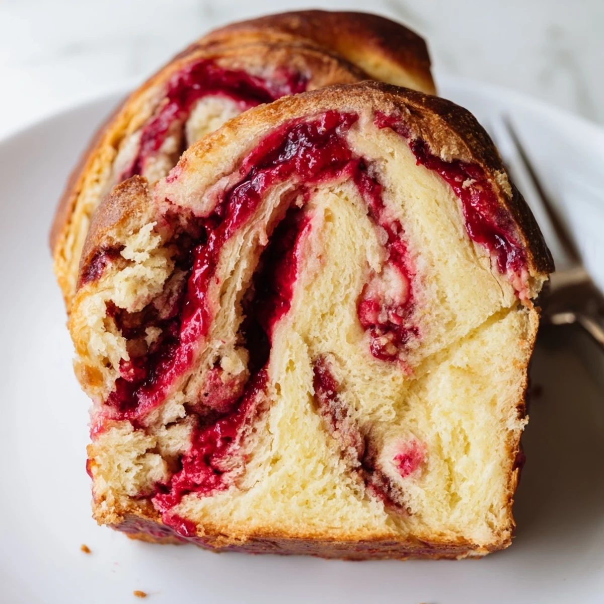 Close-up view of a Raspberry Swirl Brioche Loaf, highlighting the flaky crust and the tangy, sweet aroma of raspberries inside the tender bread.