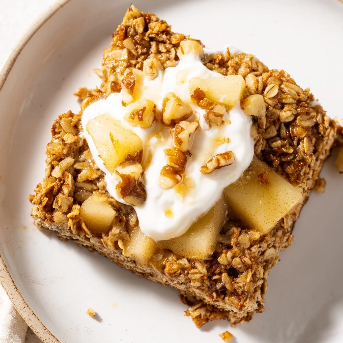 A close-up of Baked Apple Oatmeal With Greek Yogurt shows a fork taking a bite with maple syrup drizzle.