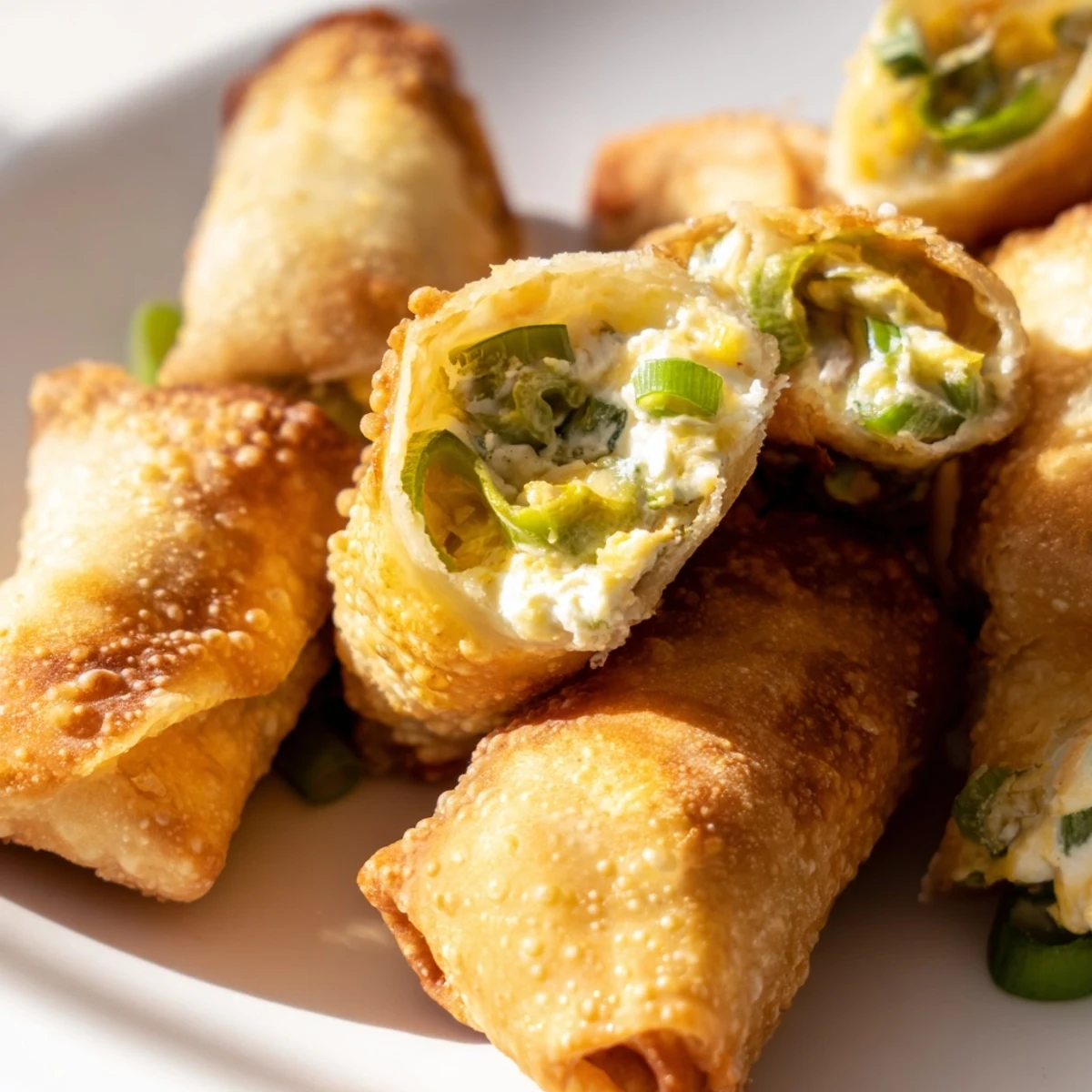 Golden fried Mini Jalapeño Popper Egg Rolls arranged on a white plate, showing crispy wrappers and a creamy filling with visible jalapeño bits and green onion specks.
