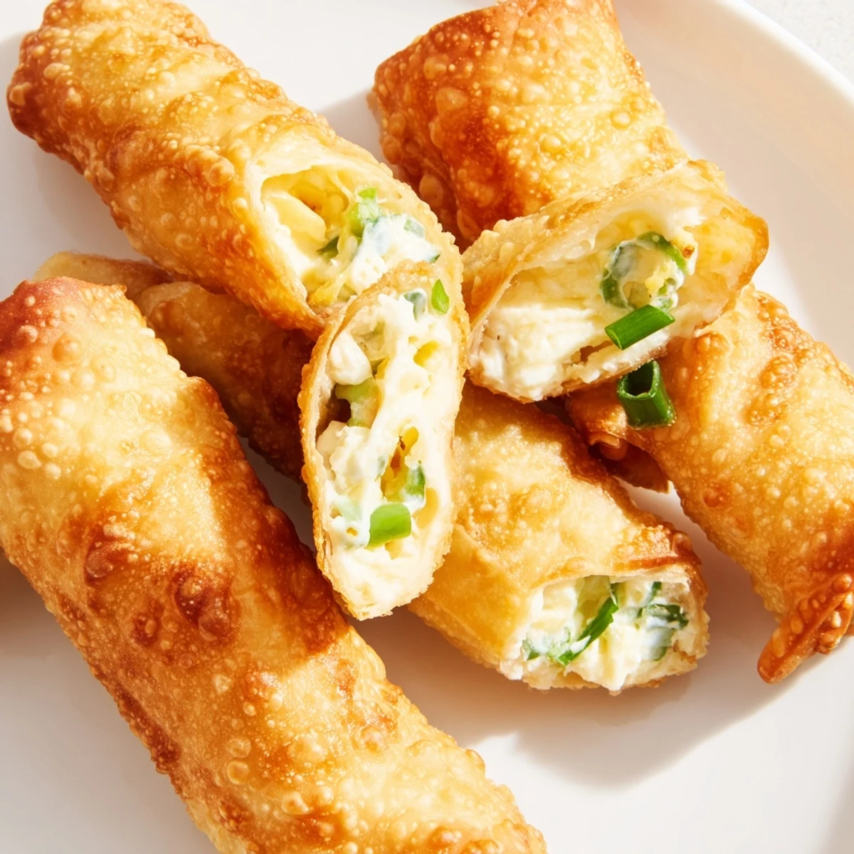 Freshly baked Mini Jalapeño Popper Egg Rolls stacked on a wooden board, with a side of ranch dipping sauce and a few jalapeño slices for garnish.