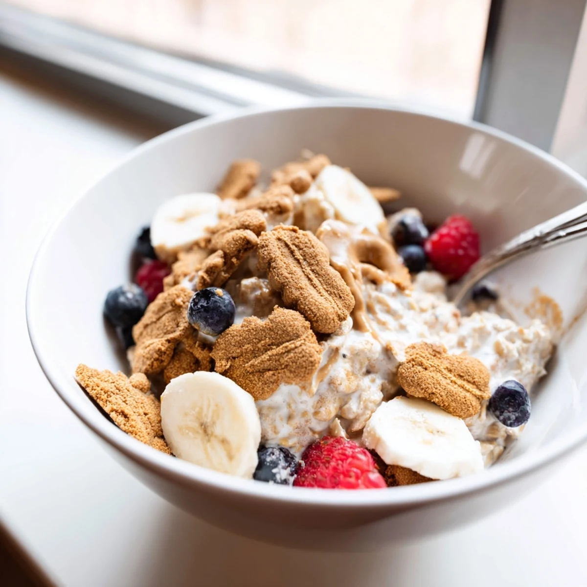 Creamy Quick Biscoff Overnight Oats topped with crushed cookies and fresh banana slices in a jar.  