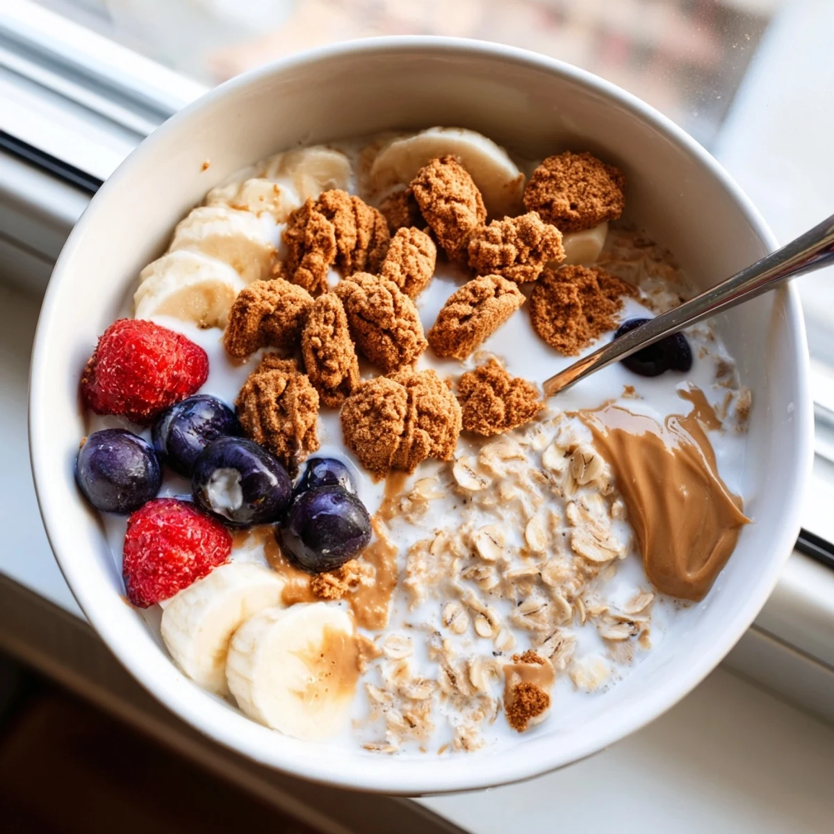 Indulgent Quick Biscoff Overnight Oats served with berries and a crunchy cookie crumble topping.