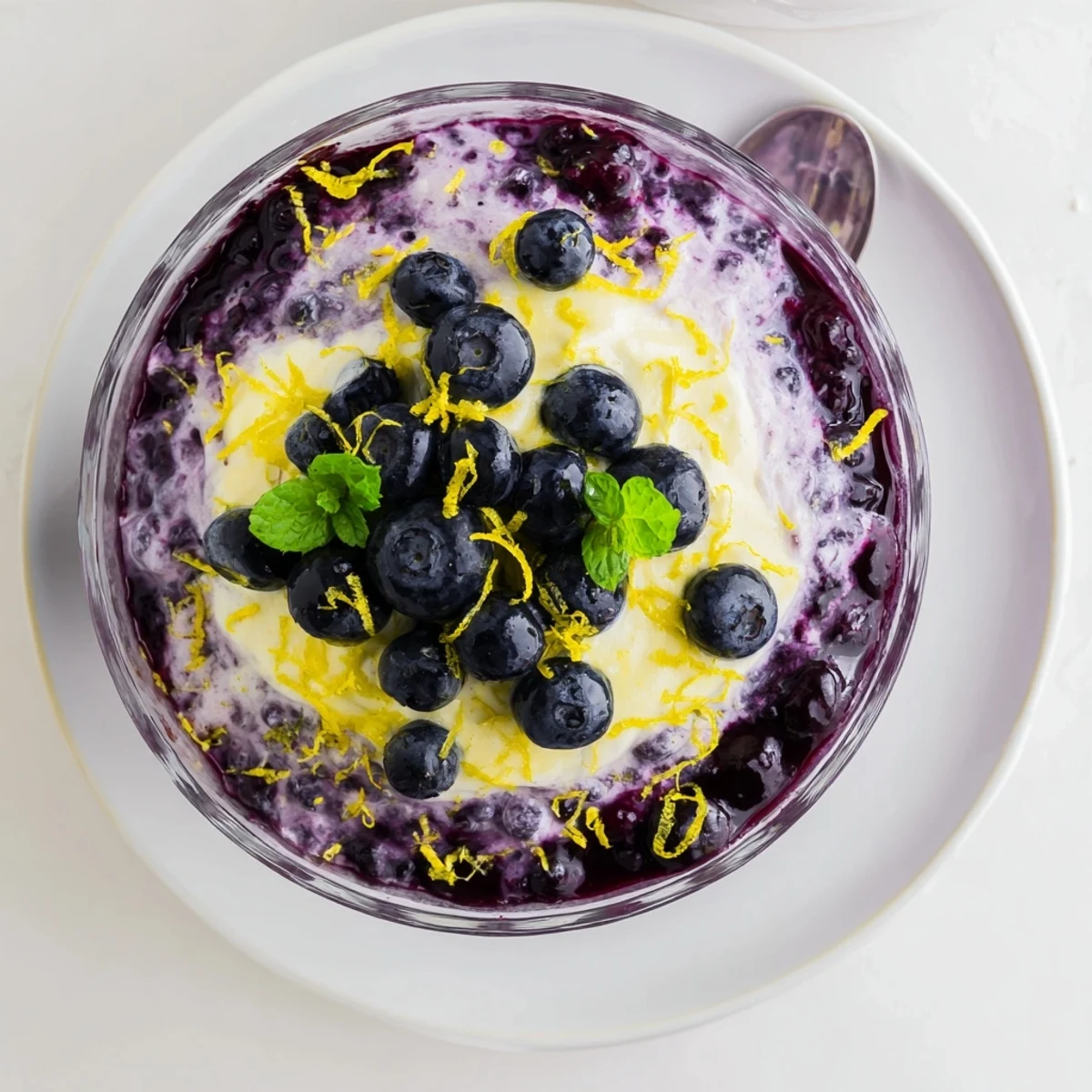 The dessert features soft peaks of whipped cream folded with lemon curd, topped with juicy blueberry sauce and zest.